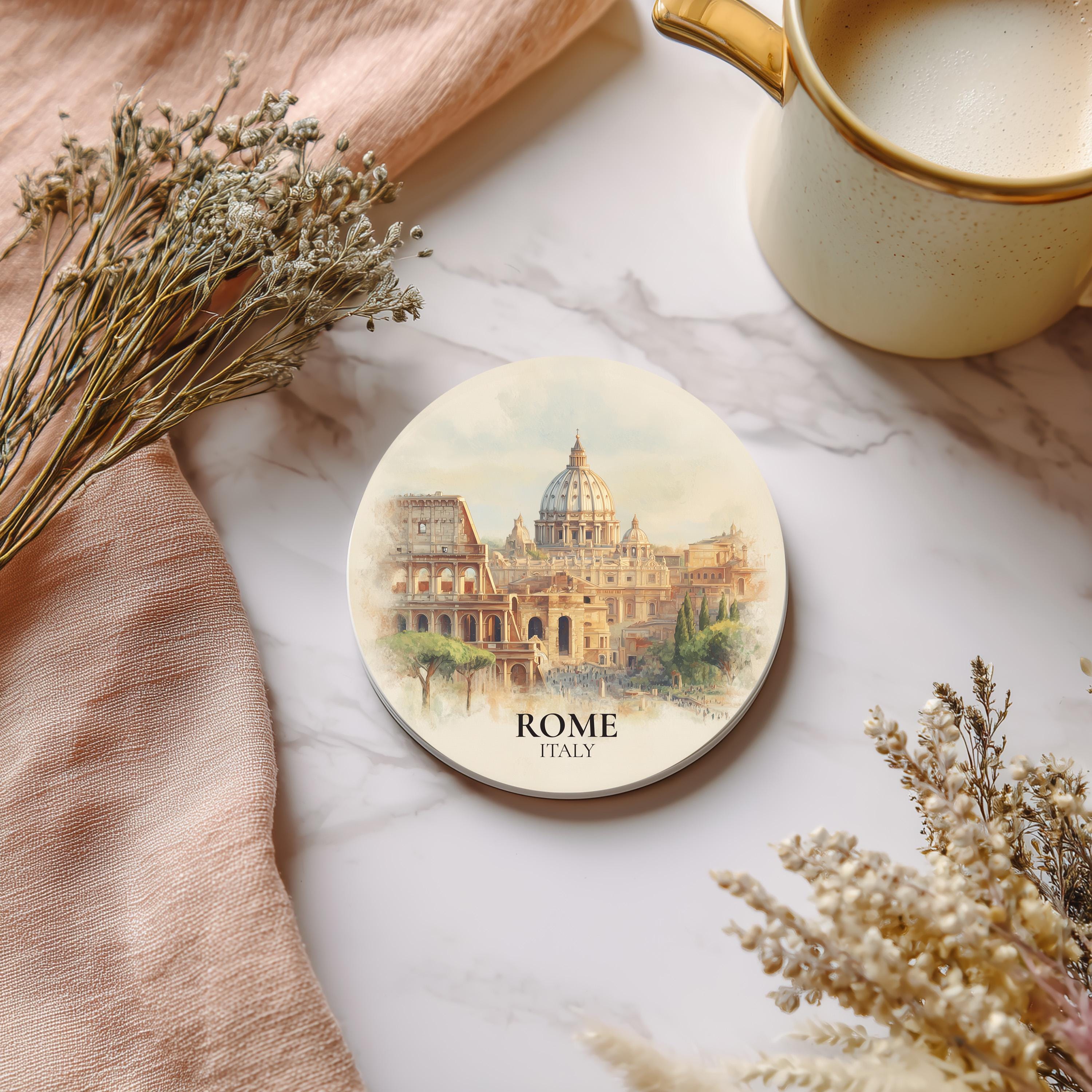 Rome Italy Coaster, Watercolor Personalized Painting, Travel Gift Souvenir, Home Decor, Ceramic Set