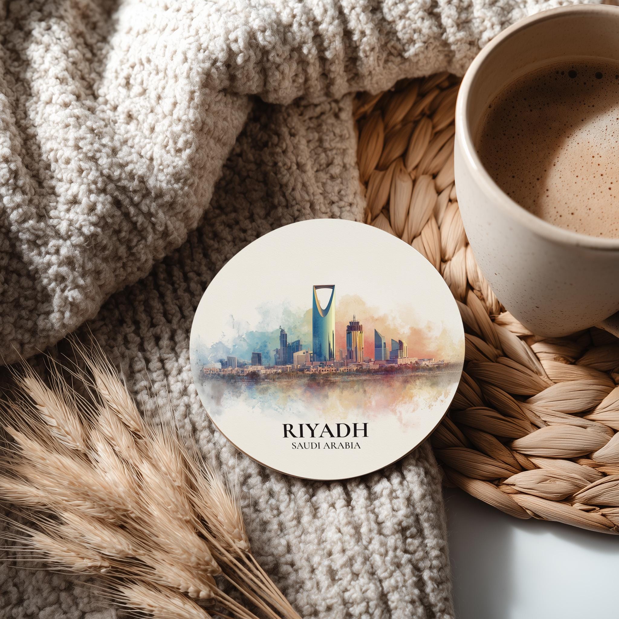 Riyadh Saudi Arabia Coaster, Watercolor Personalized Painting, Travel Gift Souvenir, Home Decor, Ceramic Set