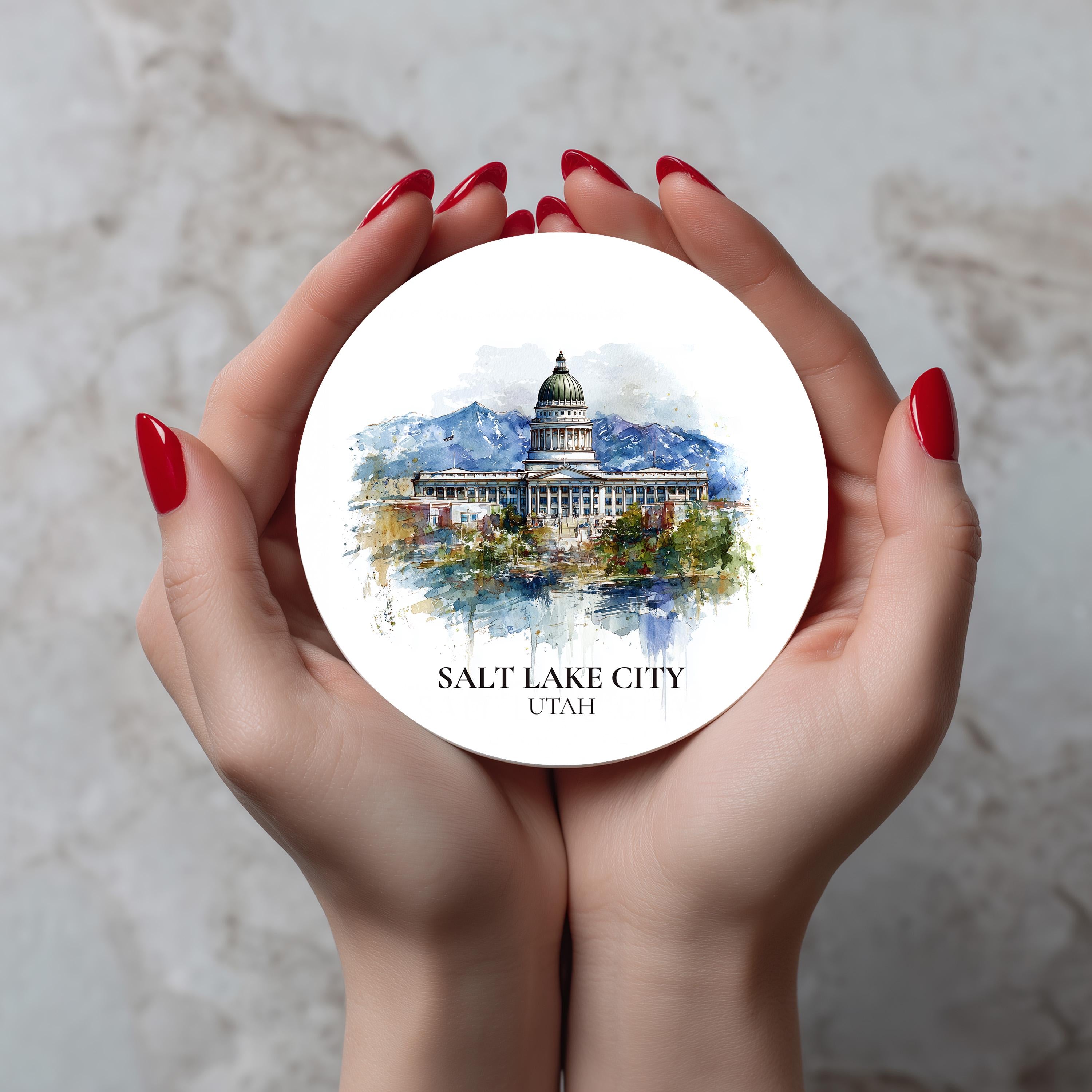 Salt Lake City Utah Coaster, Watercolor Personalized Painting, Travel Gift Souvenir, Home Decor, Ceramic Set