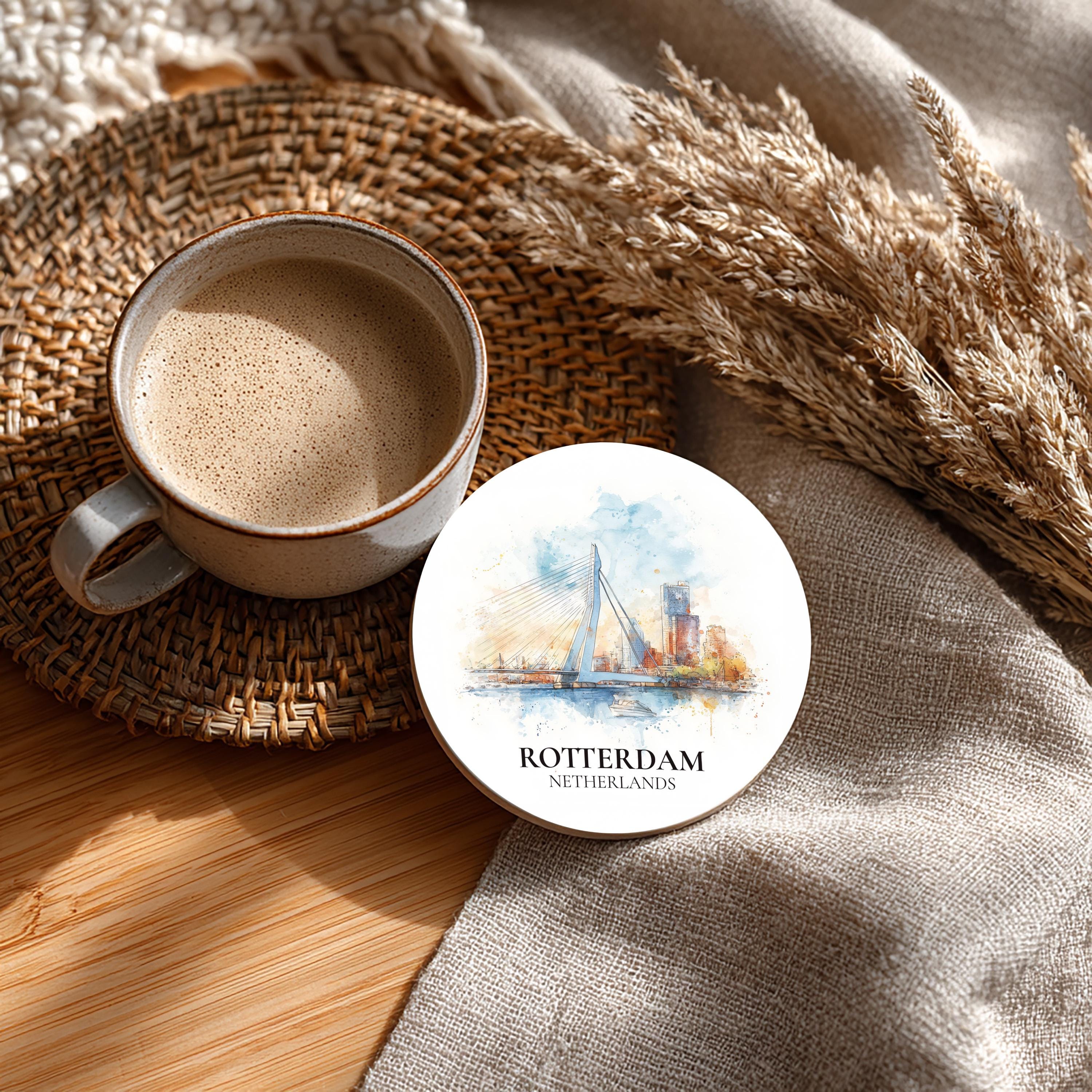Rotterdam Netherlands Coaster, Watercolor Personalized Painting, Travel Gift Souvenir, Home Decor, Ceramic Set