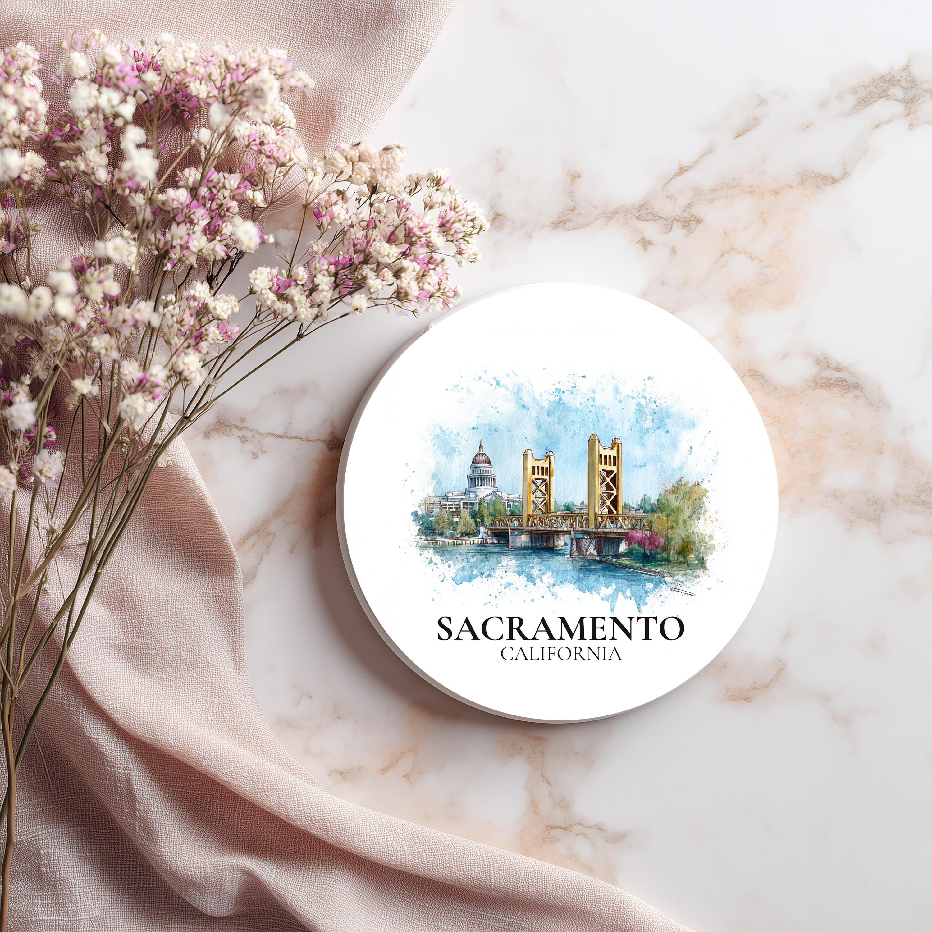 Sacramento California Coaster, Watercolor Personalized Painting, Travel Gift Souvenir, Home Decor, Ceramic Set