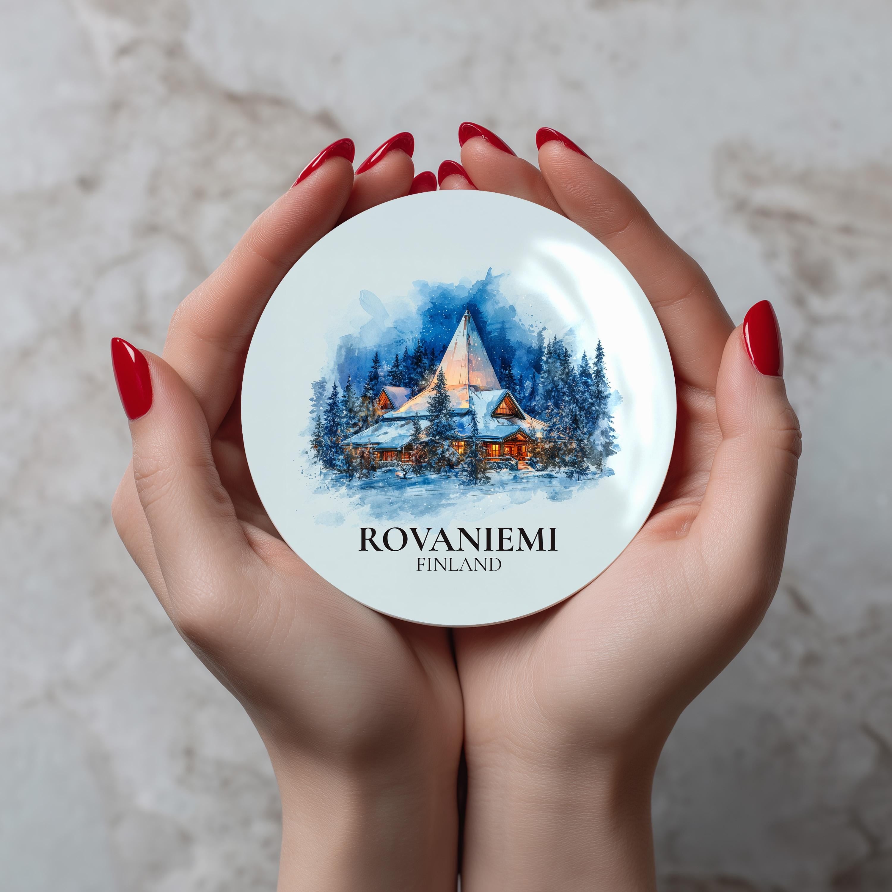 Rovaniemi Finland Coaster, Watercolor Personalized Painting, Travel Gift Souvenir, Home Decor, Ceramic Set