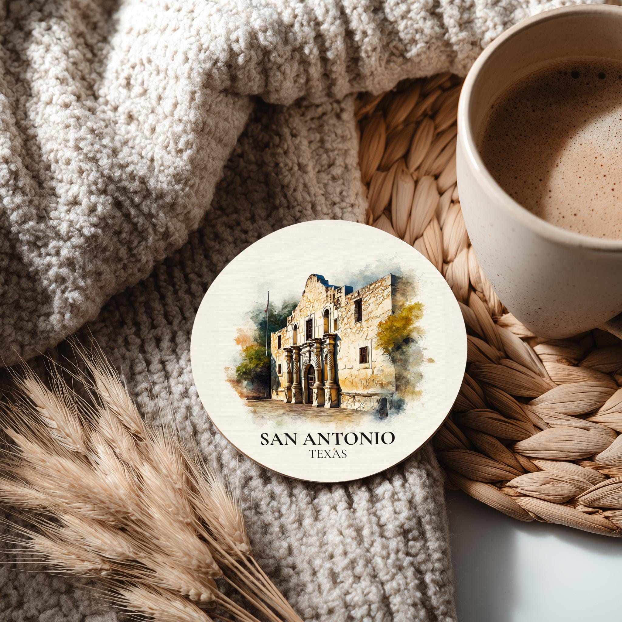 San Antonio Texas3 Coaster, Watercolor Personalized Painting, Travel Gift Souvenir, Home Decor, Ceramic Set