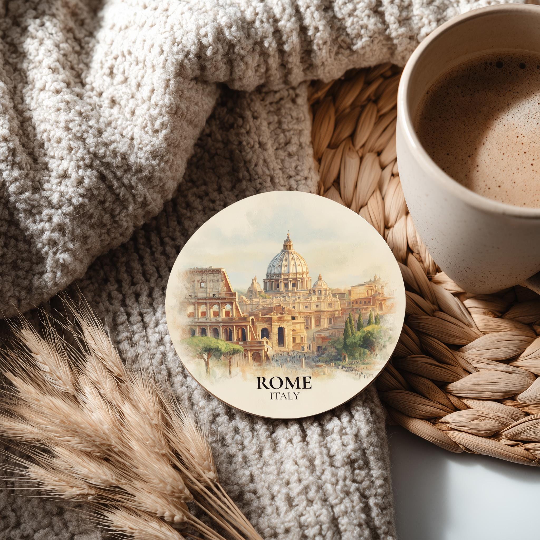 Rome Italy Coaster, Watercolor Personalized Painting, Travel Gift Souvenir, Home Decor, Ceramic Set