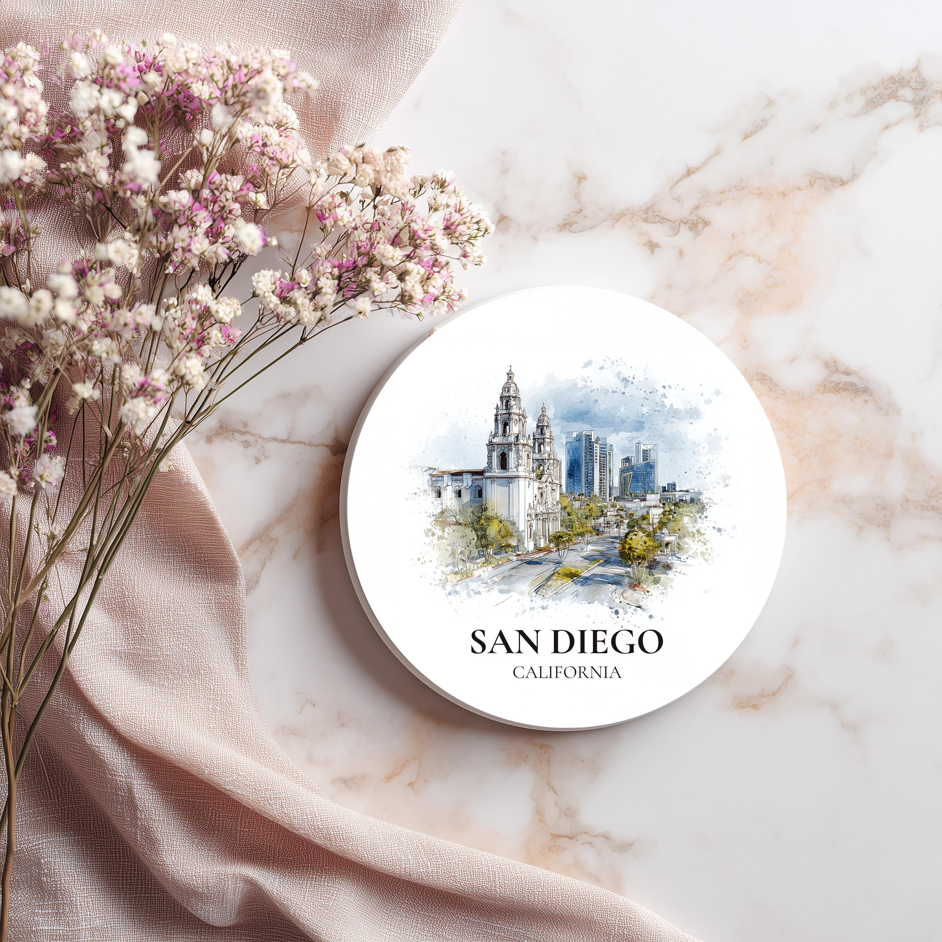 San Diego California Coaster, Watercolor Personalized Painting, Travel Gift Souvenir, Home Decor, Ceramic Set
