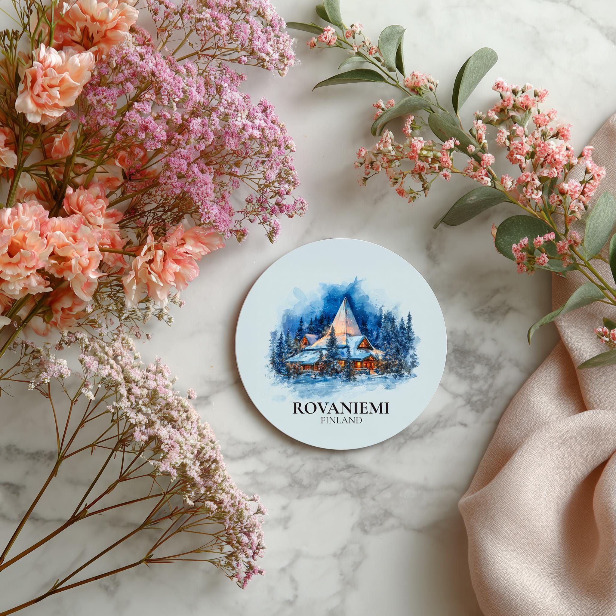 Rovaniemi Finland Coaster, Watercolor Personalized Painting, Travel Gift Souvenir, Home Decor, Ceramic Set