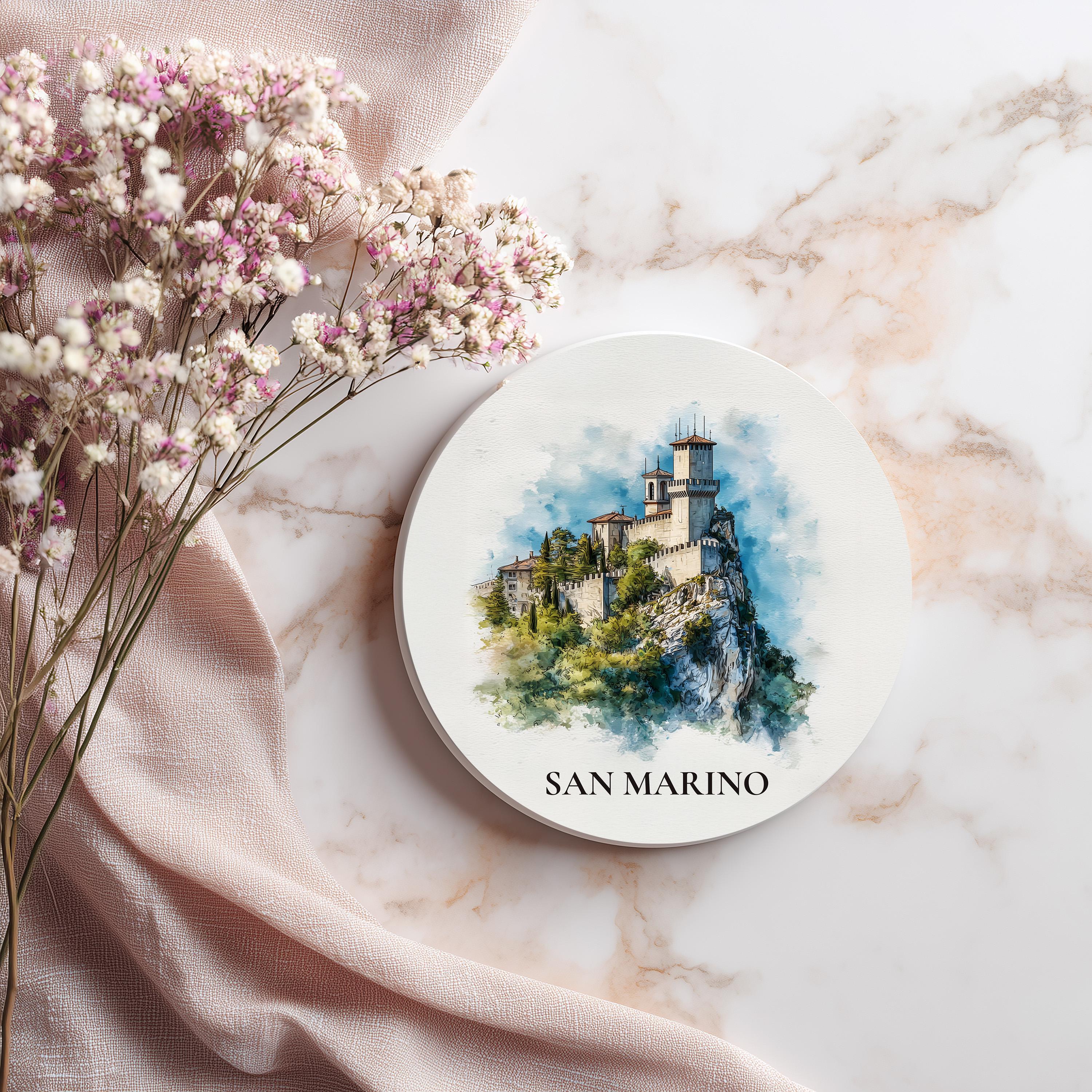 San Marino Coaster, Watercolor Personalized Painting, Travel Gift Souvenir, Home Decor, Ceramic Set