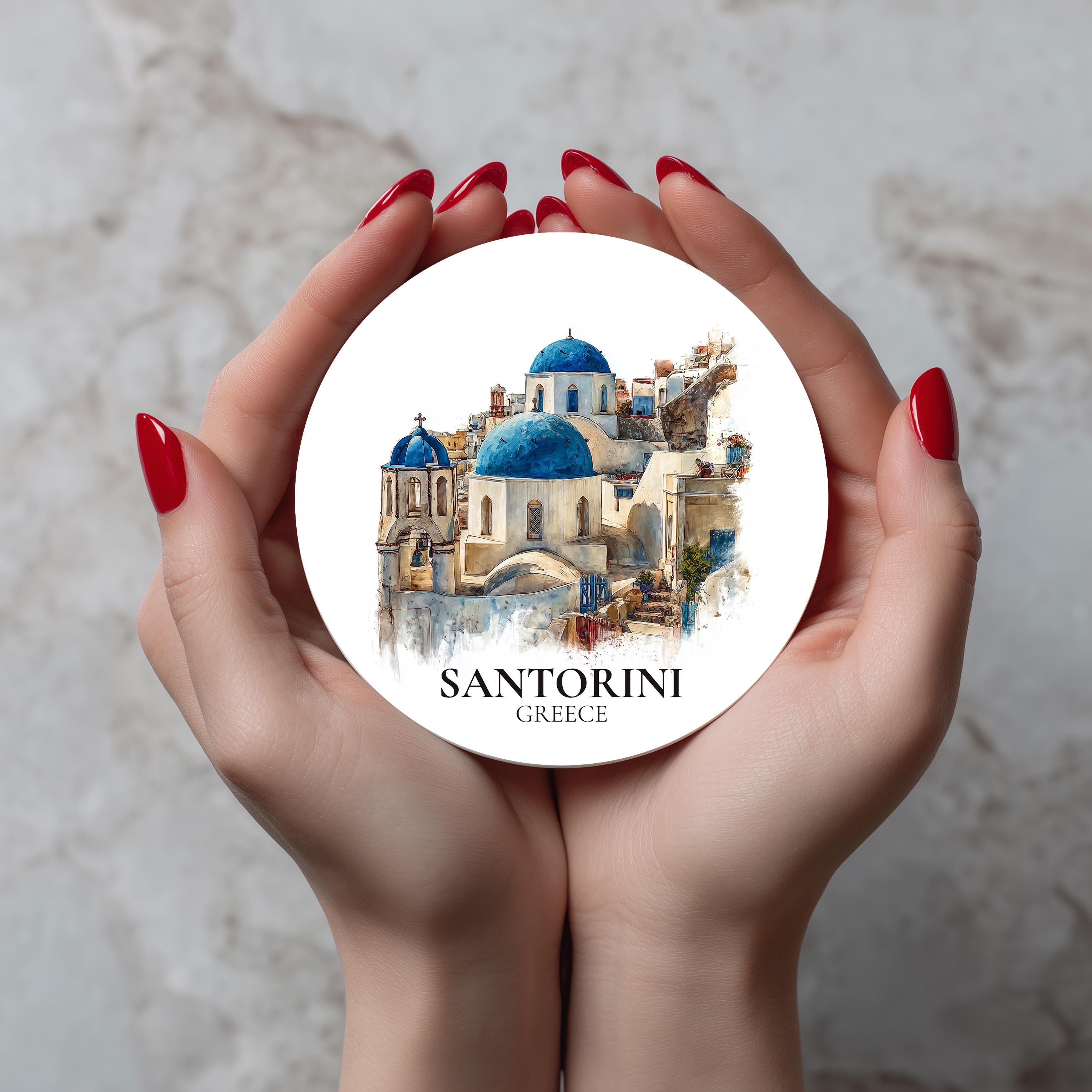Santorini Greece Coaster, Watercolor Personalized Painting, Travel Gift Souvenir, Home Decor, Ceramic Set