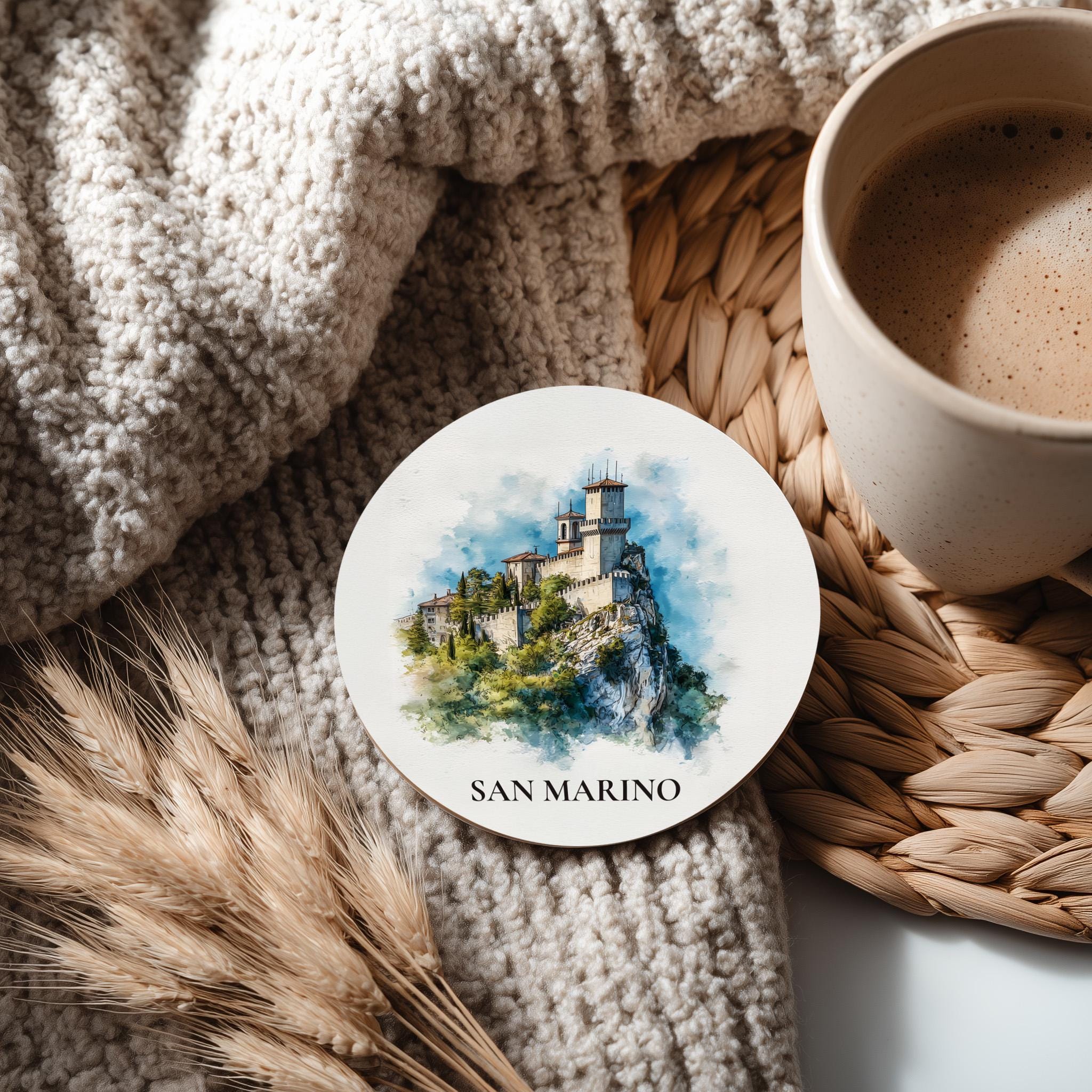 San Marino Coaster, Watercolor Personalized Painting, Travel Gift Souvenir, Home Decor, Ceramic Set