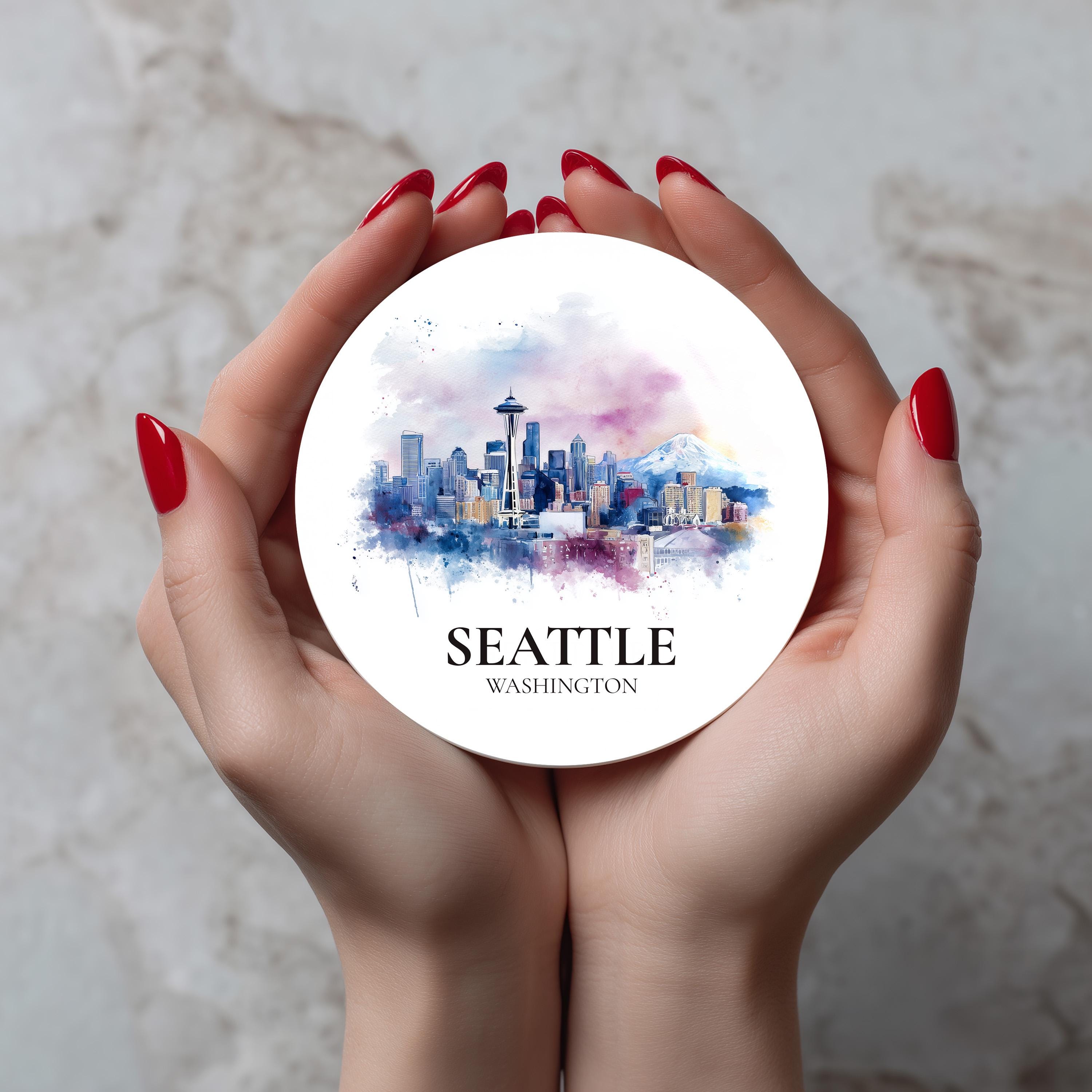 Seattle Washington Coaster, Watercolor Personalized Painting, Travel Gift Souvenir, Home Decor, Ceramic Set