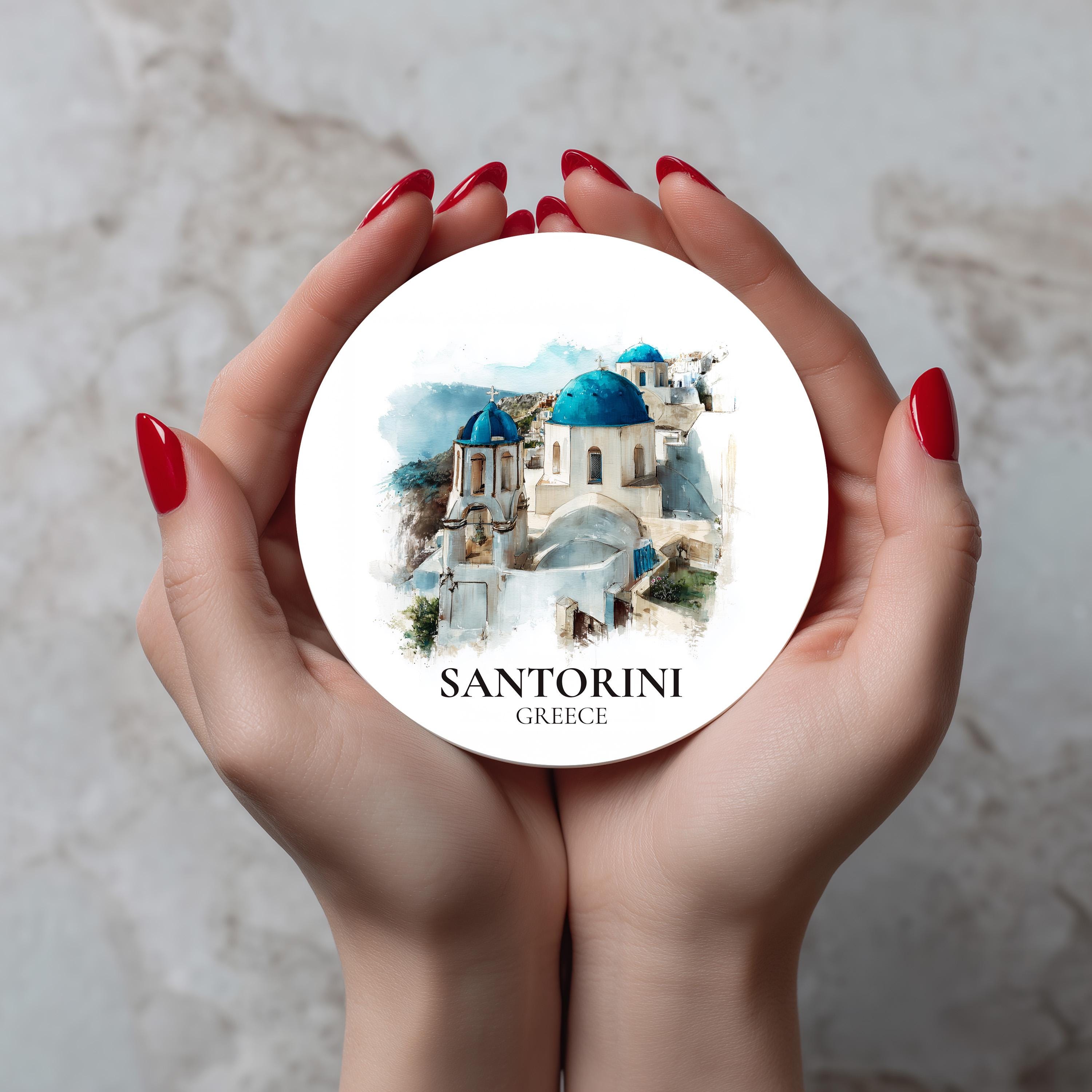 Santorini Greece2 Coaster, Watercolor Personalized Painting, Travel Gift Souvenir, Home Decor, Ceramic Set