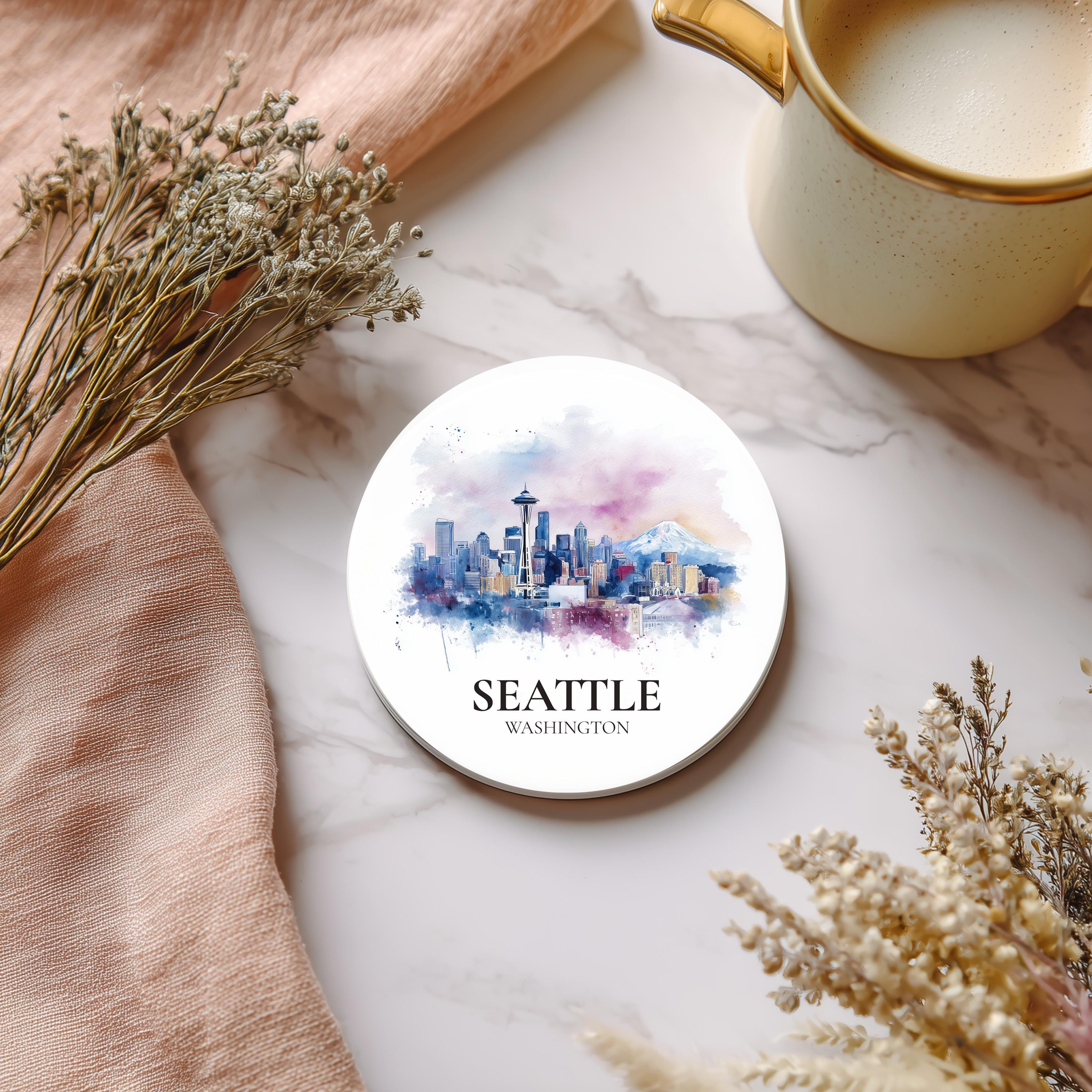 Seattle Washington Coaster, Watercolor Personalized Painting, Travel Gift Souvenir, Home Decor, Ceramic Set