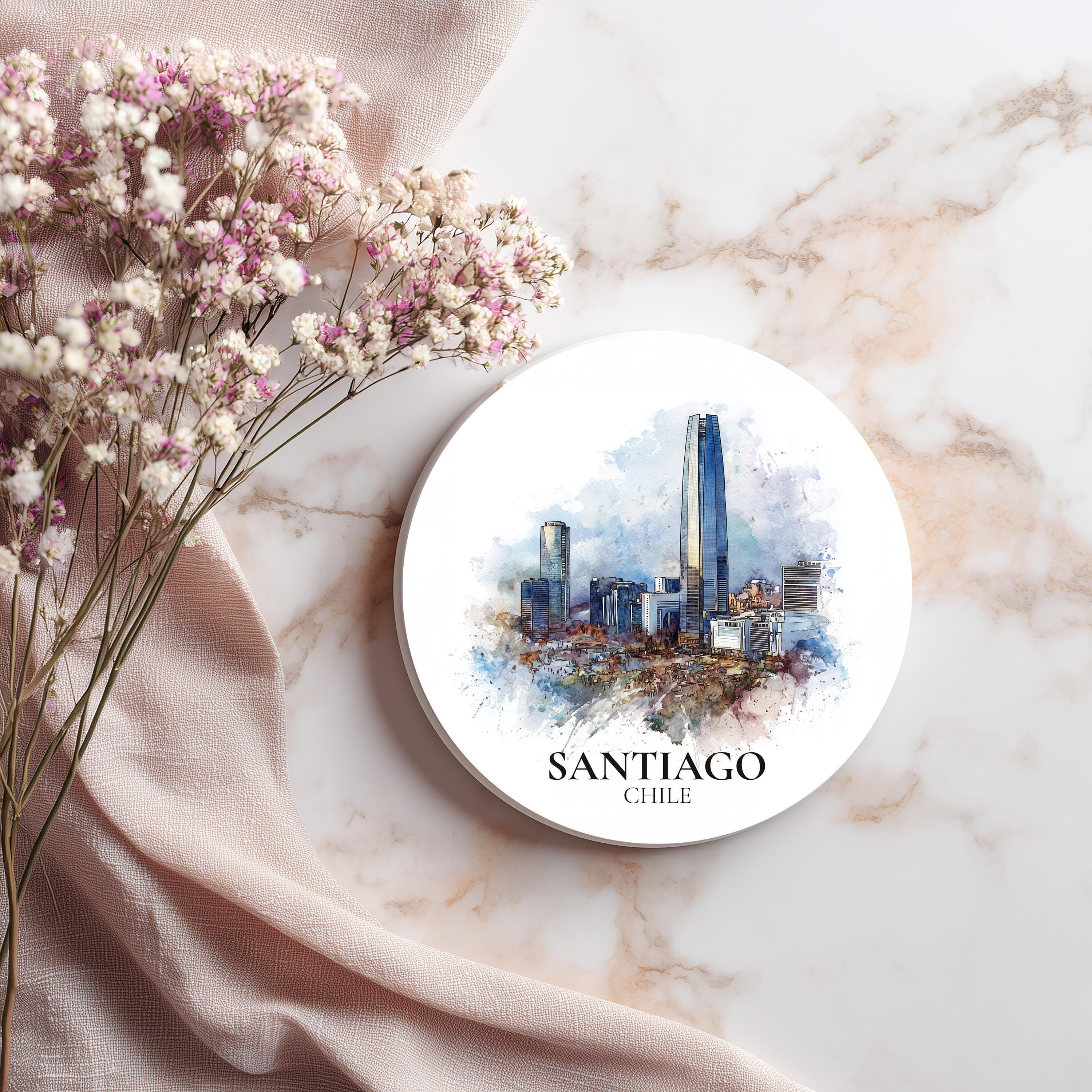 Santiago Chile Coaster, Watercolor Personalized Painting, Travel Gift Souvenir, Home Decor, Ceramic Set
