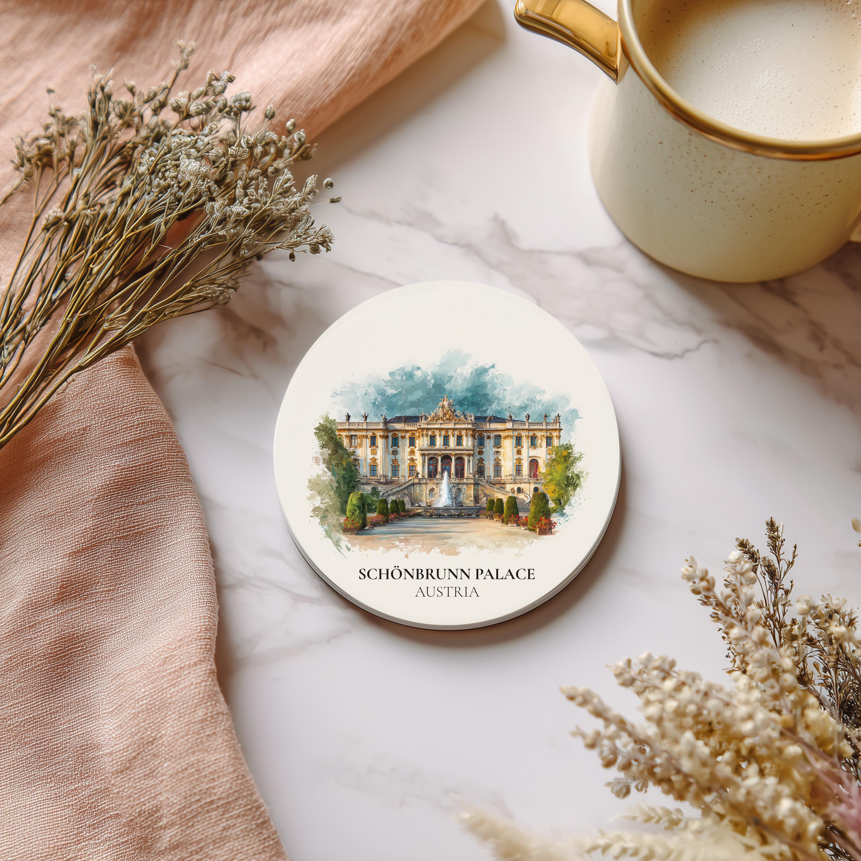 Schonbrunn Palace Austria Coaster, Watercolor Personalized Painting, Travel Gift Souvenir, Home Decor, Ceramic Set