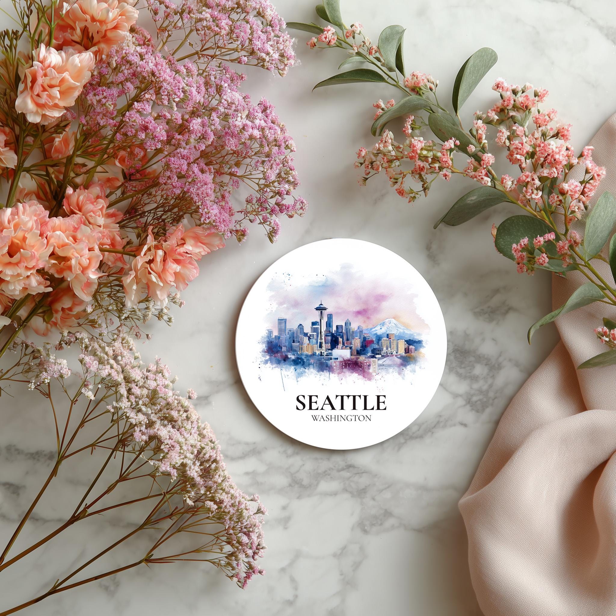 Seattle Washington Coaster, Watercolor Personalized Painting, Travel Gift Souvenir, Home Decor, Ceramic Set
