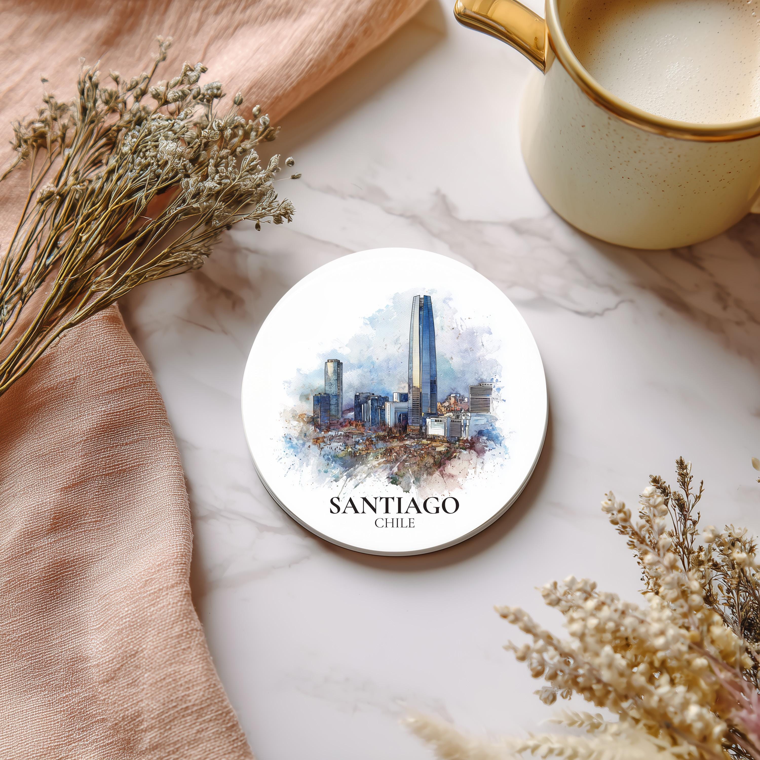 Santiago Chile Coaster, Watercolor Personalized Painting, Travel Gift Souvenir, Home Decor, Ceramic Set