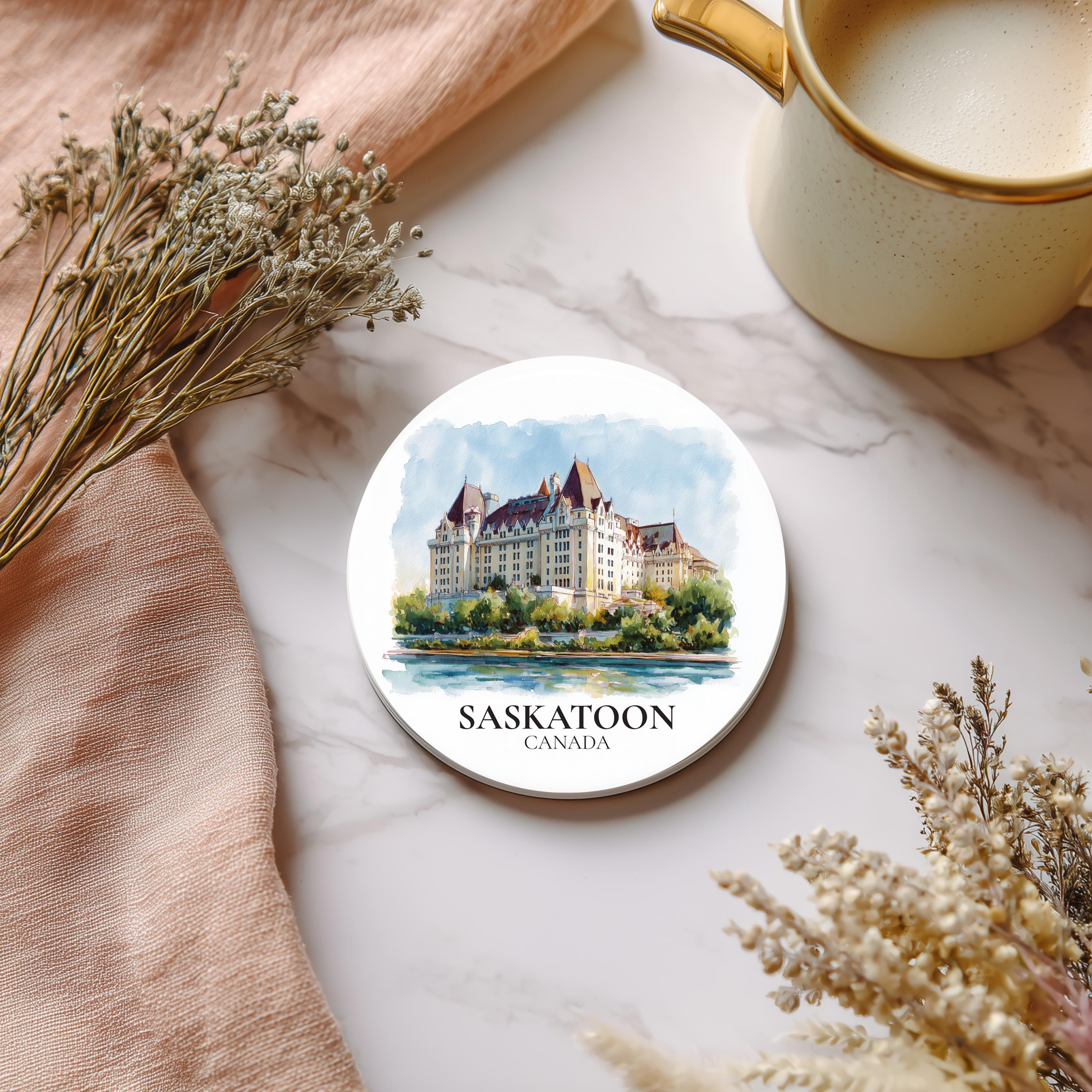 Saskatoon Saskatchewan Coaster, Watercolor Personalized Painting, Travel Gift Souvenir, Home Decor, Ceramic Set