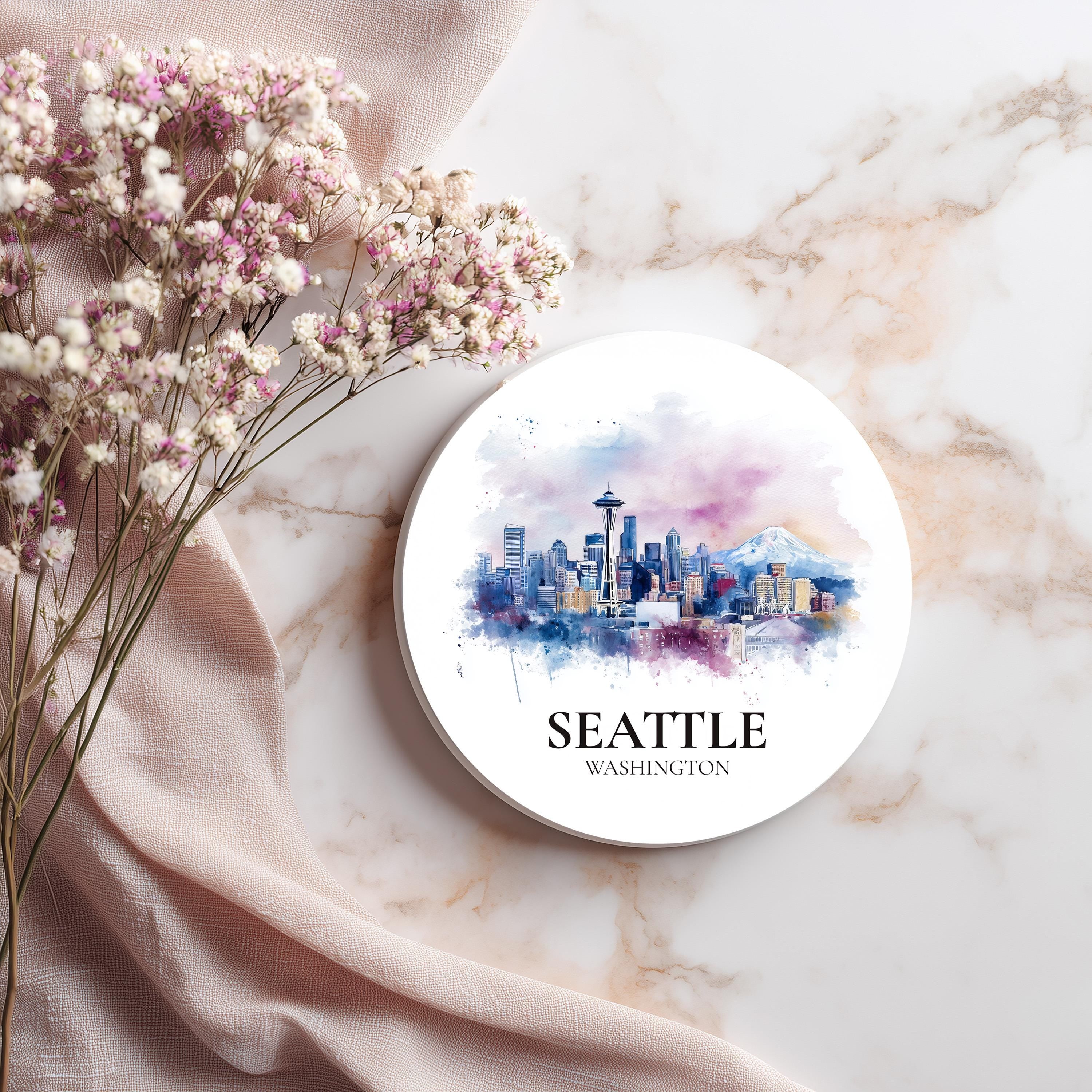 Seattle Washington Coaster, Watercolor Personalized Painting, Travel Gift Souvenir, Home Decor, Ceramic Set