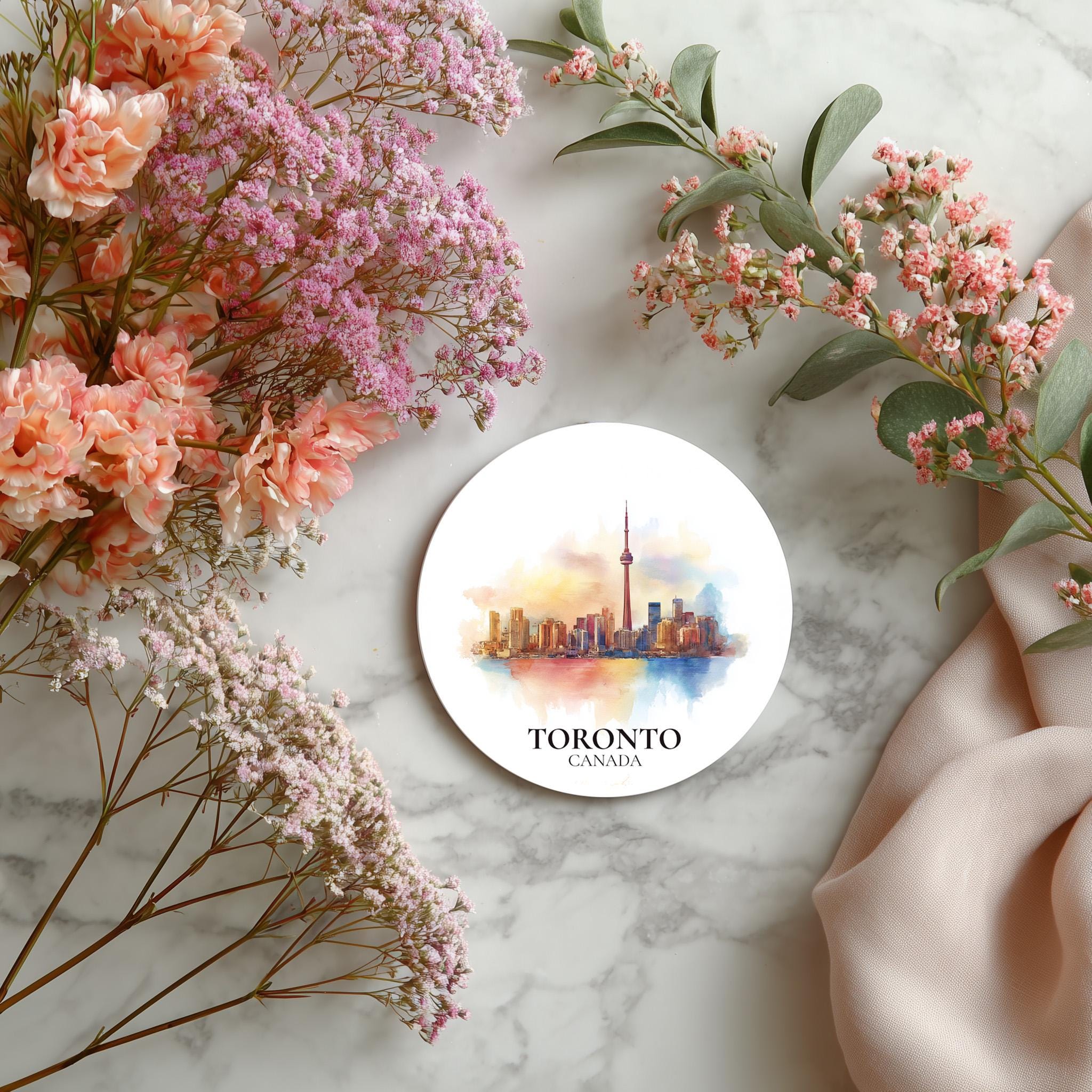 Toronto Ontario Coaster, Watercolor Personalized Painting, Travel Gift Souvenir, Home Decor, Ceramic Set