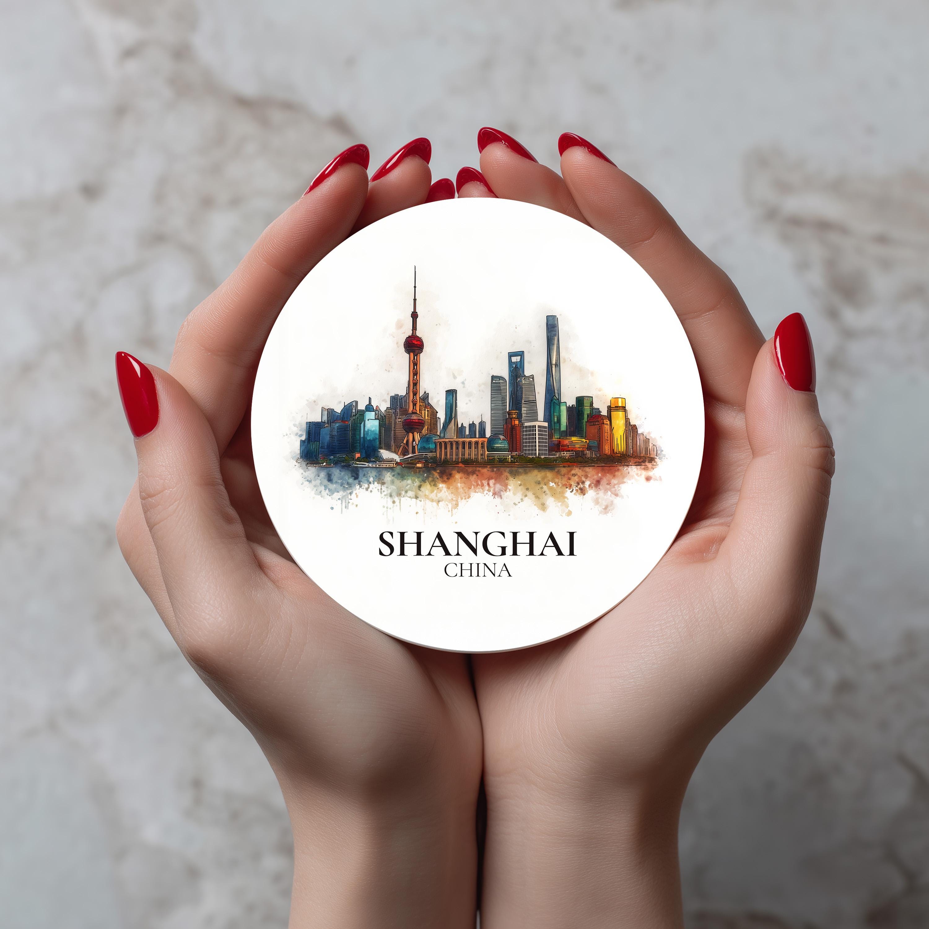 Shanghai China Coaster, Watercolor Personalized Painting, Travel Gift Souvenir, Home Decor, Ceramic Set