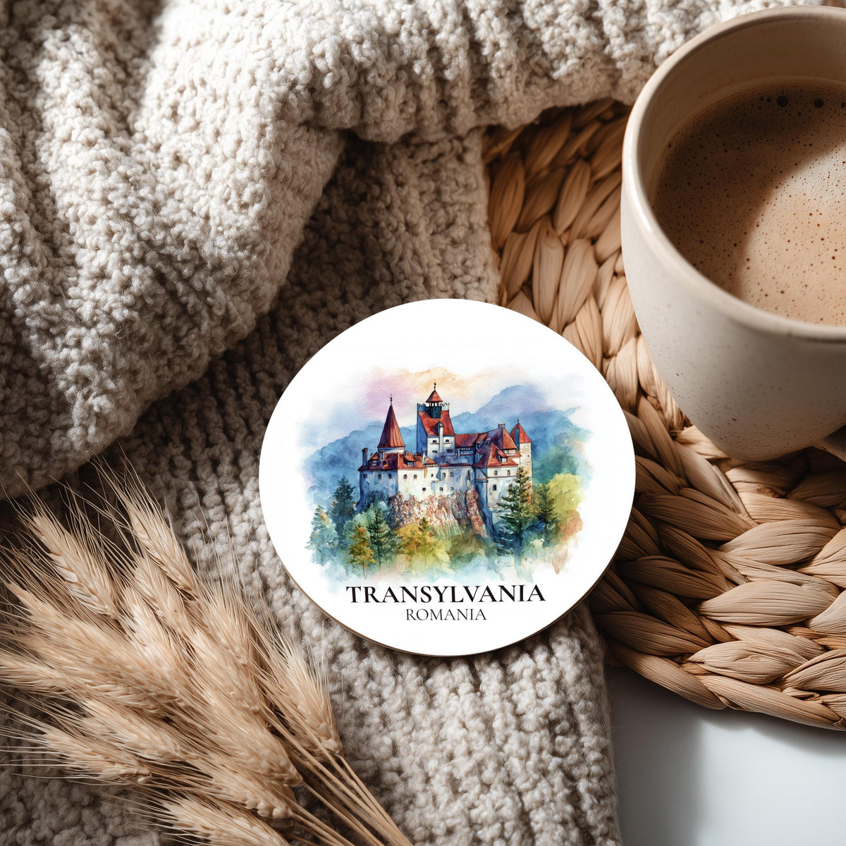 Transylvania Romania Coaster, Watercolor Personalized Painting, Travel Gift Souvenir, Home Decor, Ceramic Set