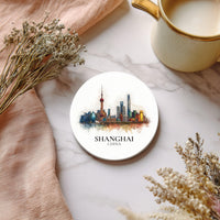 Shanghai China Coaster, Watercolor Personalized Painting, Travel Gift Souvenir, Home Decor, Ceramic Set
