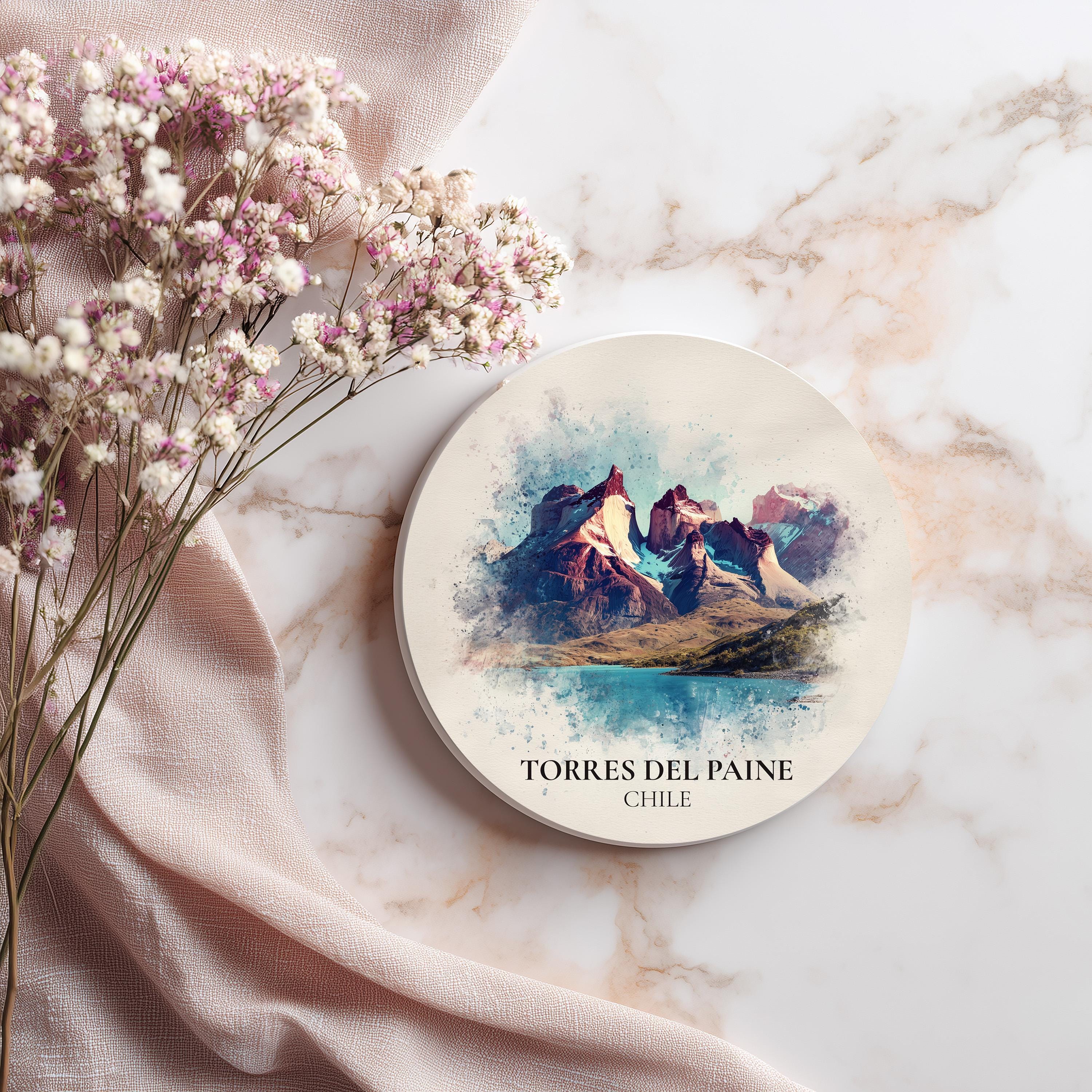 Torres del Paine Chile Coaster, Watercolor Personalized Painting, Travel Gift Souvenir, Home Decor, Ceramic Set