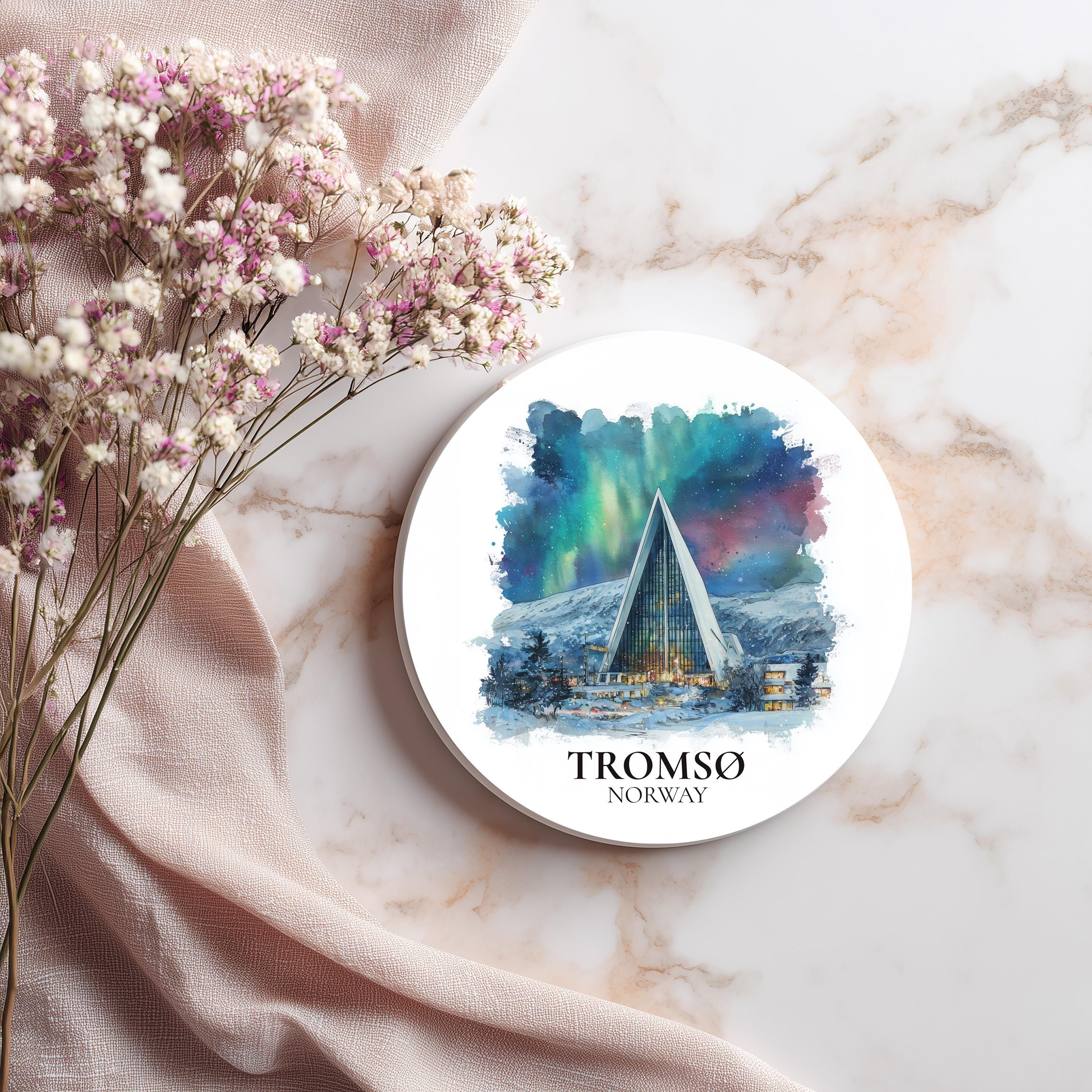 Tromso Norway Coaster, Watercolor Personalized Painting, Travel Gift Souvenir, Home Decor, Ceramic Set