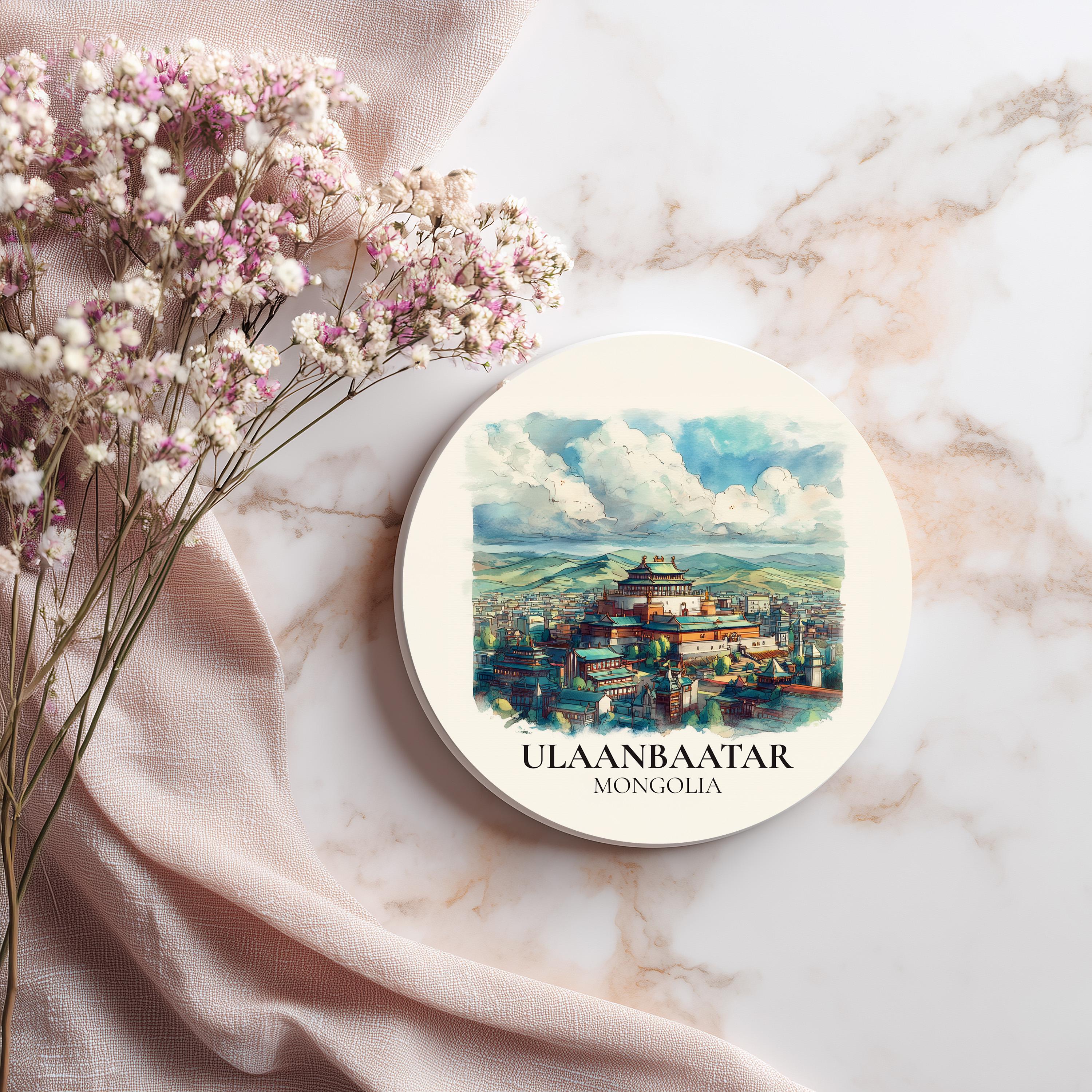 Ulaanbaatar Mongolia Coaster, Watercolor Personalized Painting, Travel Gift Souvenir, Home Decor, Ceramic Set