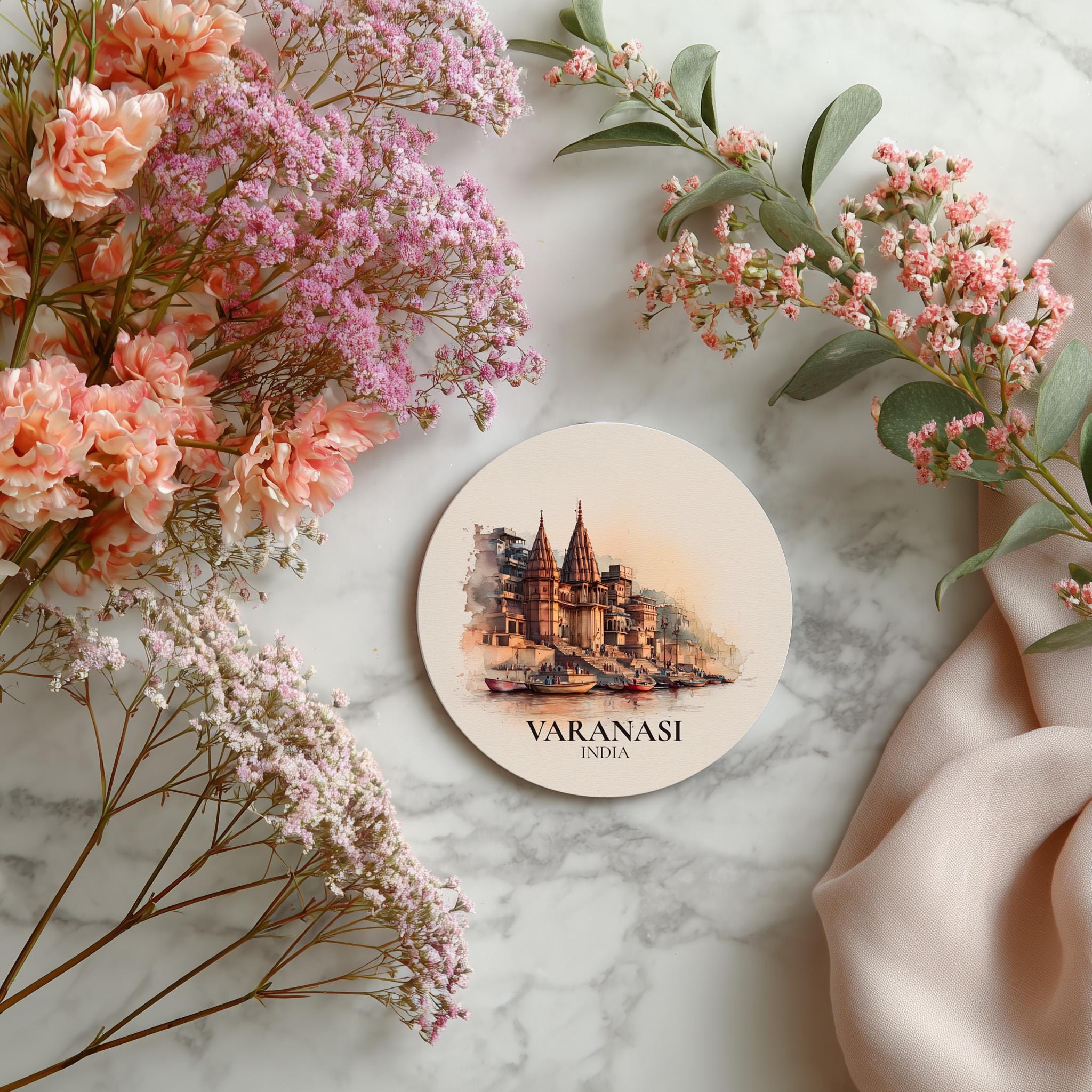 Varanasi India Coaster, Watercolor Personalized Painting, Travel Gift Souvenir, Home Decor, Ceramic Set