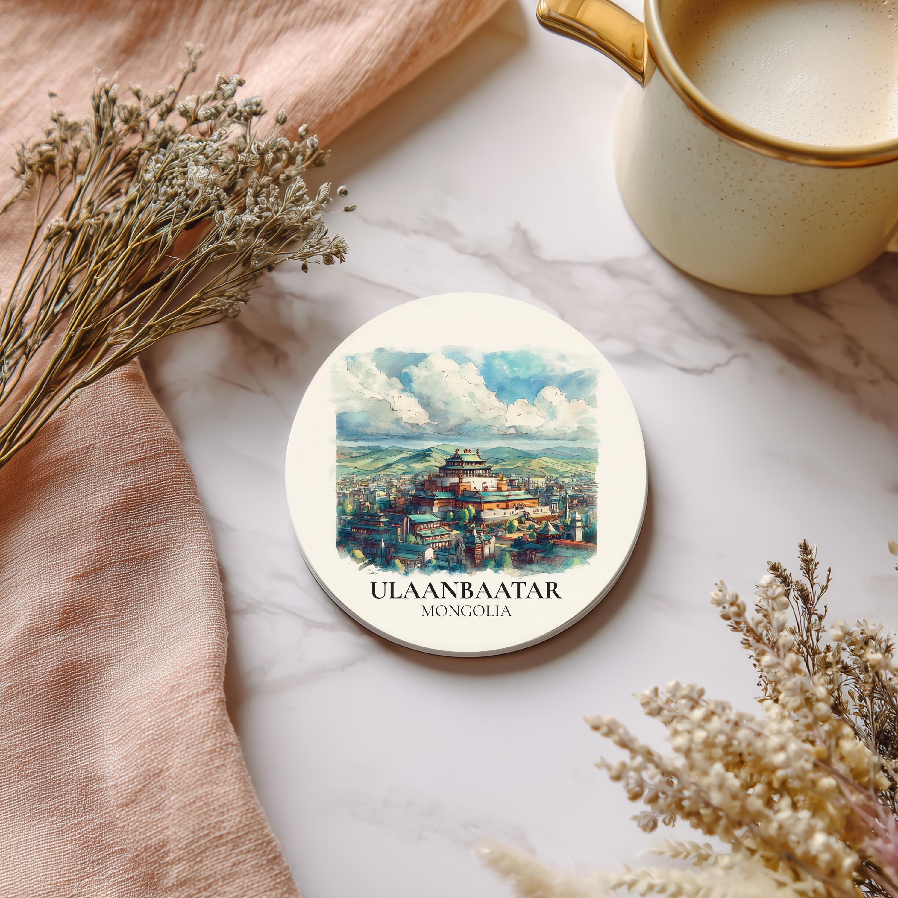 Ulaanbaatar Mongolia Coaster, Watercolor Personalized Painting, Travel Gift Souvenir, Home Decor, Ceramic Set
