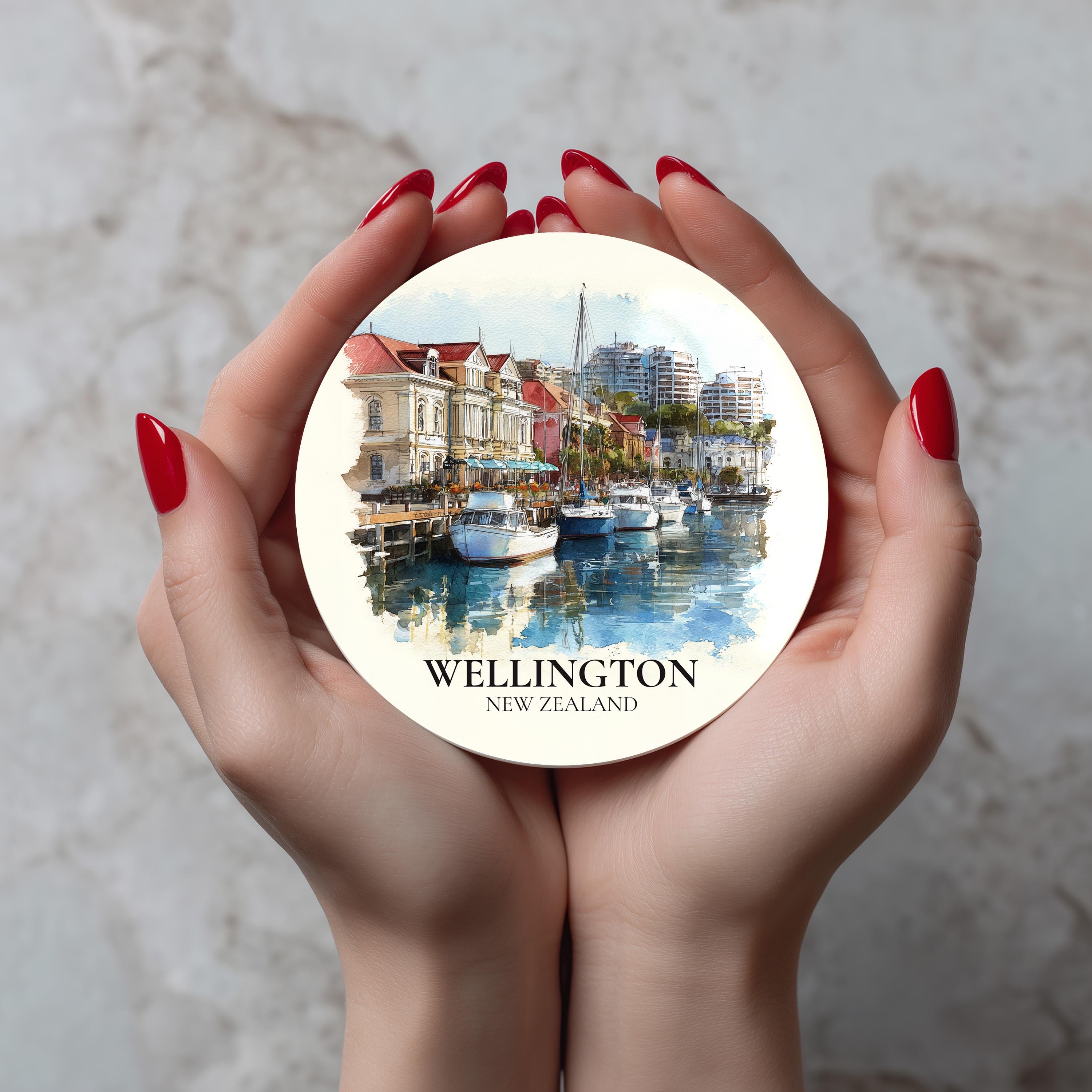 Wellington New Zealand Coaster, Watercolor Personalized Painting, Travel Gift Souvenir, Home Decor, Ceramic Set