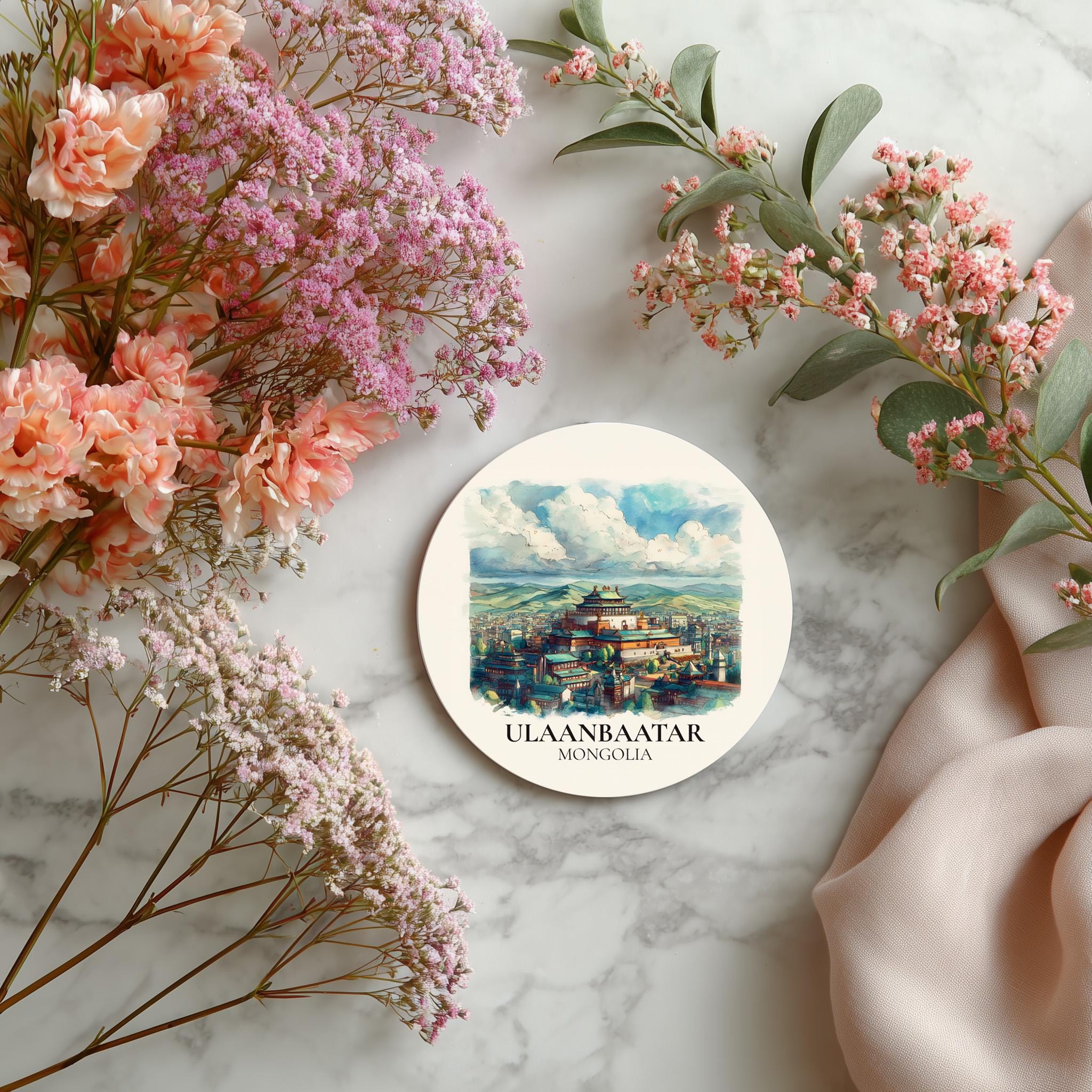 Ulaanbaatar Mongolia Coaster, Watercolor Personalized Painting, Travel Gift Souvenir, Home Decor, Ceramic Set