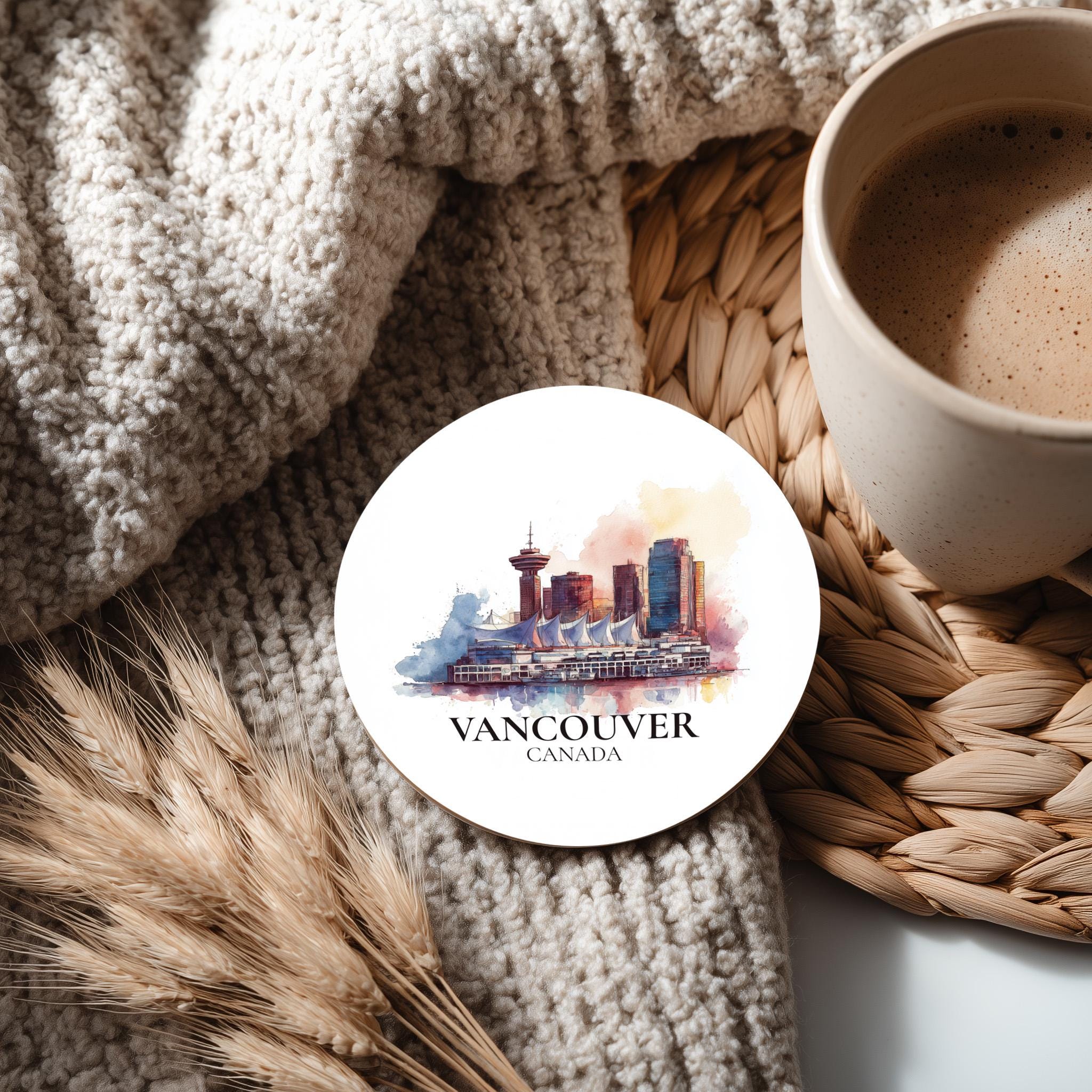Vancouver Canada Coaster, Watercolor Personalized Painting, Travel Gift Souvenir, Home Decor, Ceramic Set