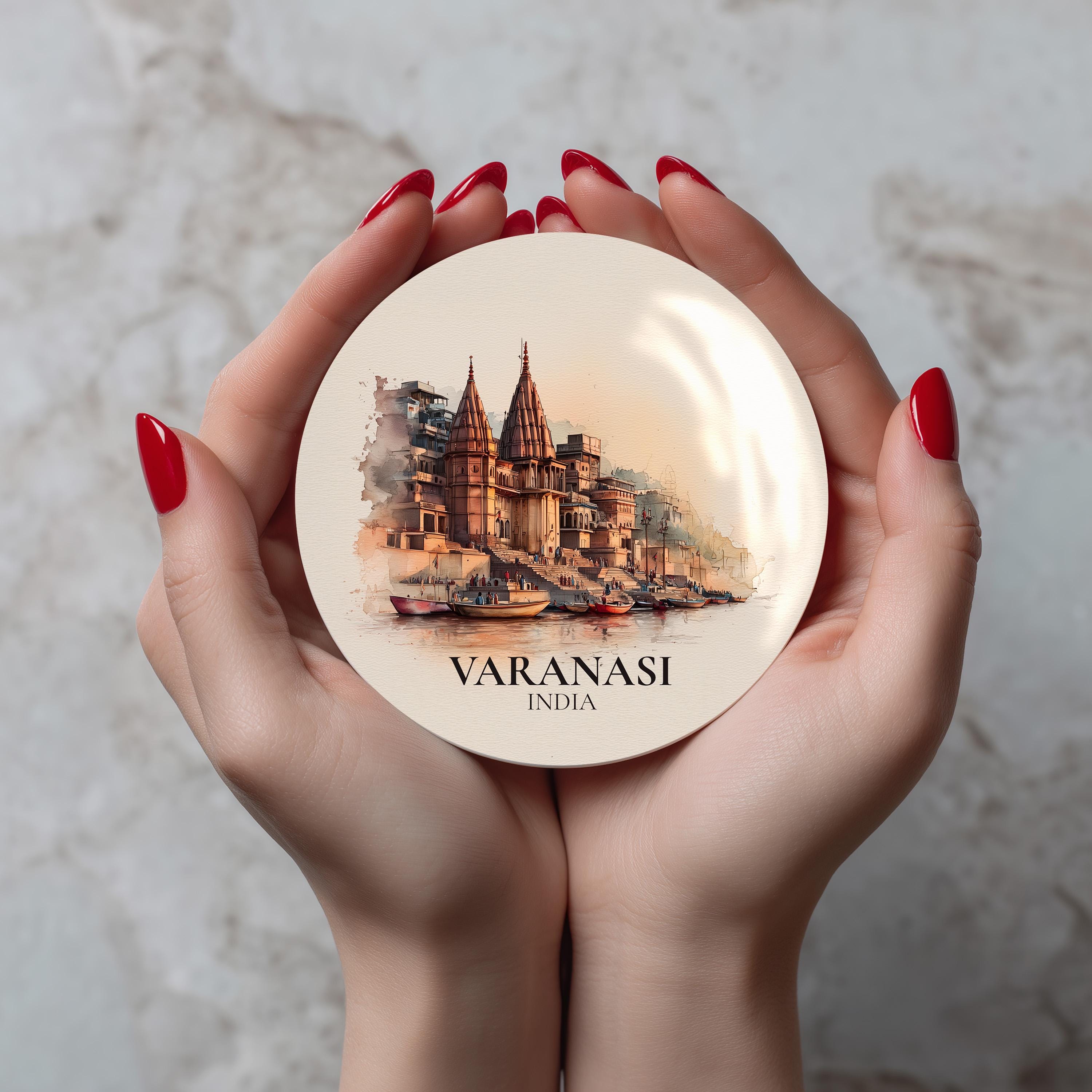 Varanasi India Coaster, Watercolor Personalized Painting, Travel Gift Souvenir, Home Decor, Ceramic Set