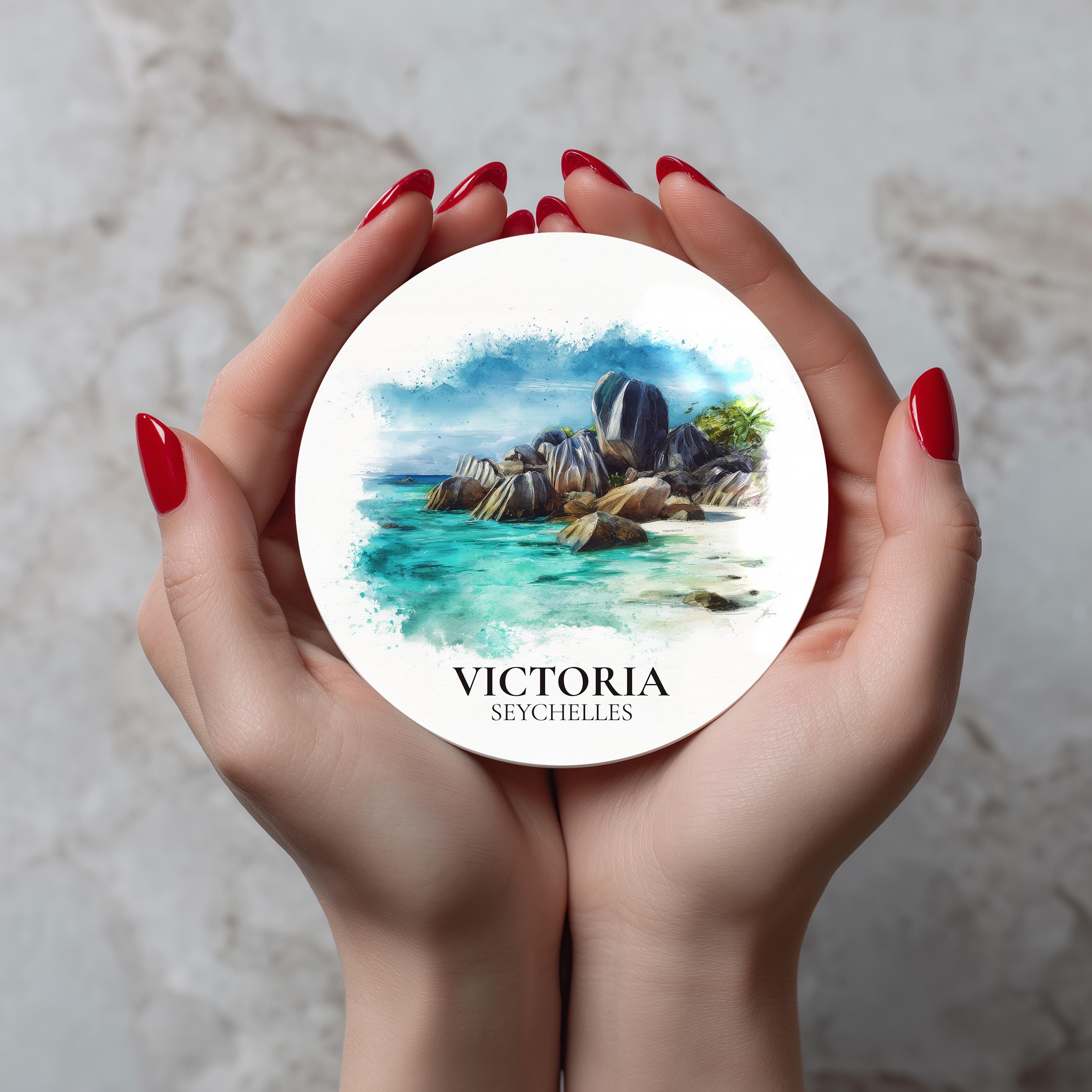 Victoria Seychelles Coaster, Watercolor Personalized Painting, Travel Gift Souvenir, Home Decor, Ceramic Set