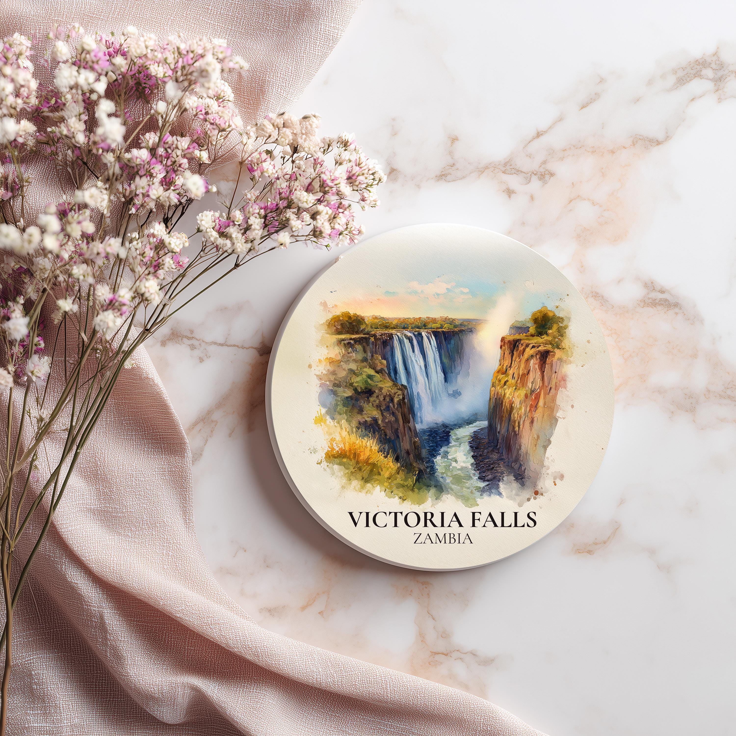 Victoria Falls Zambia Coaster, Watercolor Personalized Painting, Travel Gift Souvenir, Home Decor, Ceramic Set