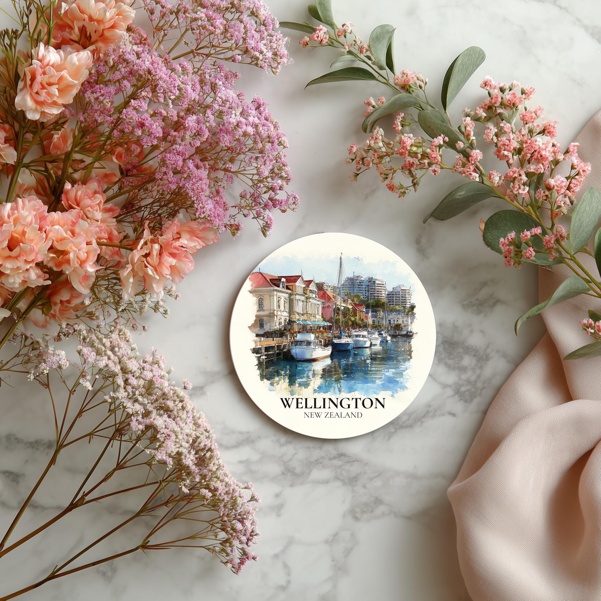 Wellington New Zealand Coaster, Watercolor Personalized Painting, Travel Gift Souvenir, Home Decor, Ceramic Set