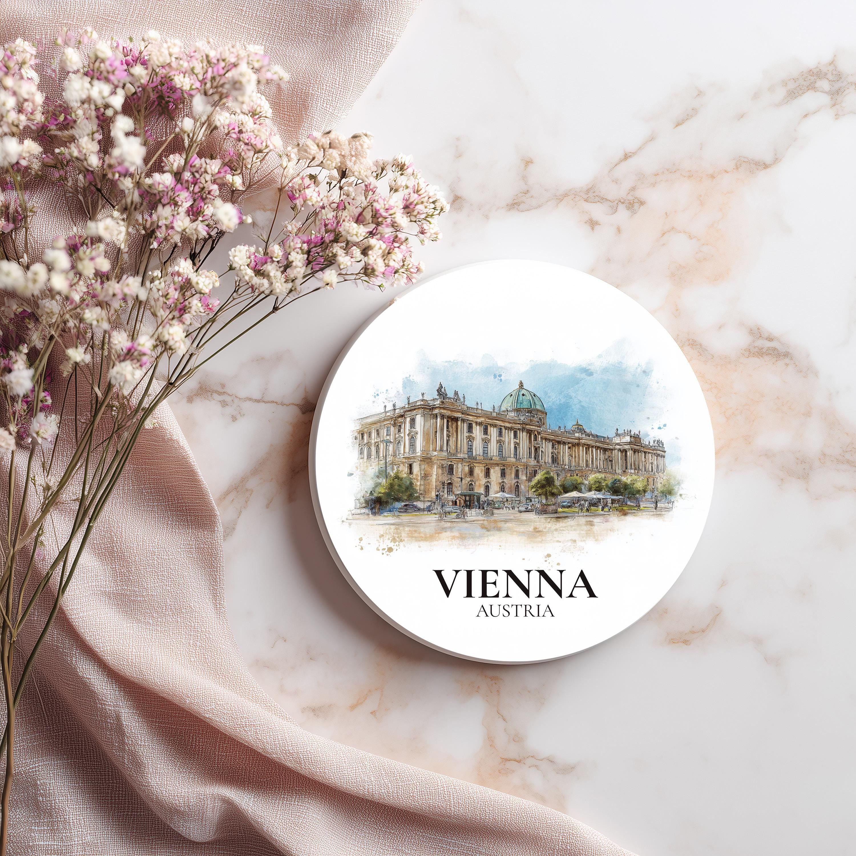 Vienna Austria2 Coaster, Watercolor Personalized Painting, Travel Gift Souvenir, Home Decor, Ceramic Set