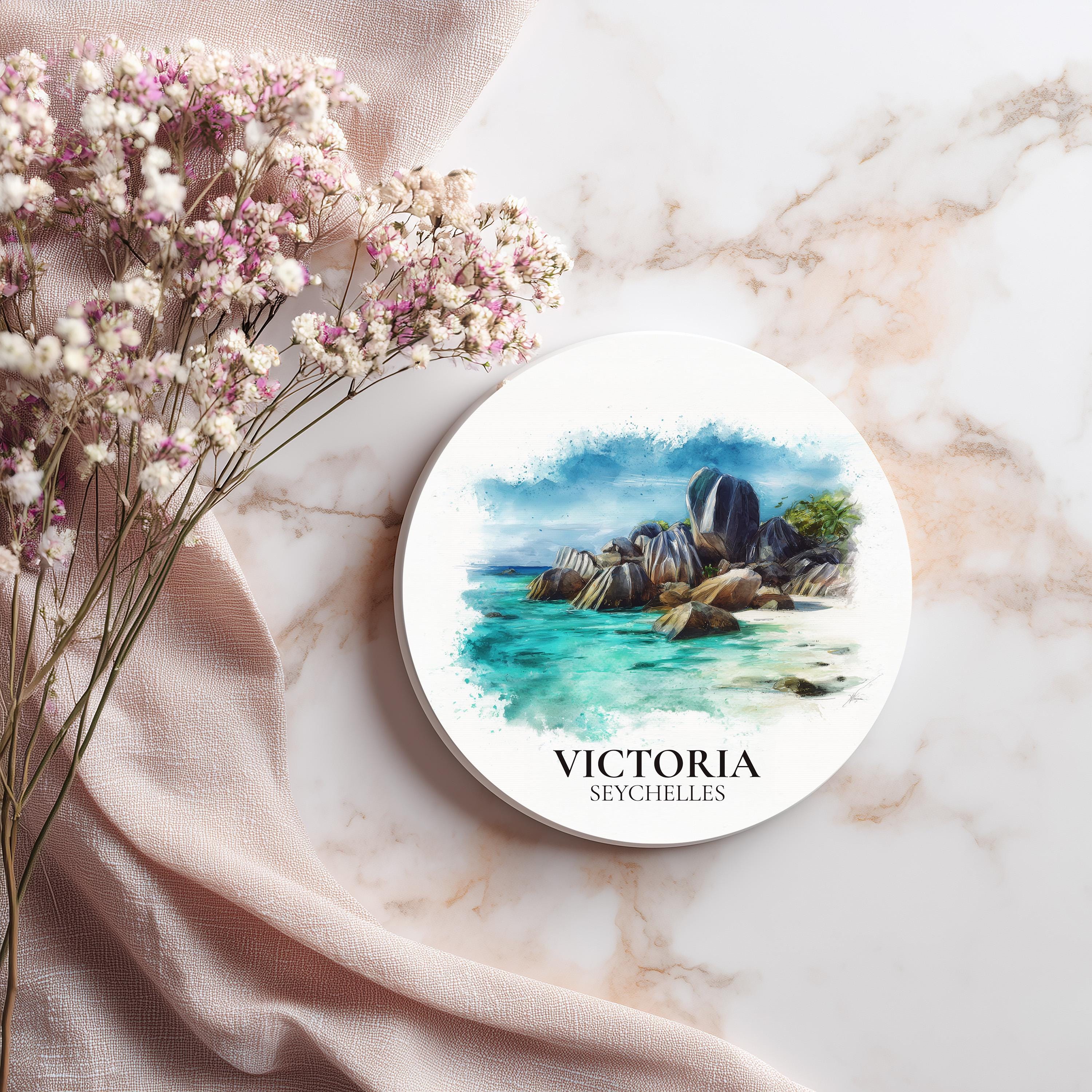 Victoria Seychelles Coaster, Watercolor Personalized Painting, Travel Gift Souvenir, Home Decor, Ceramic Set
