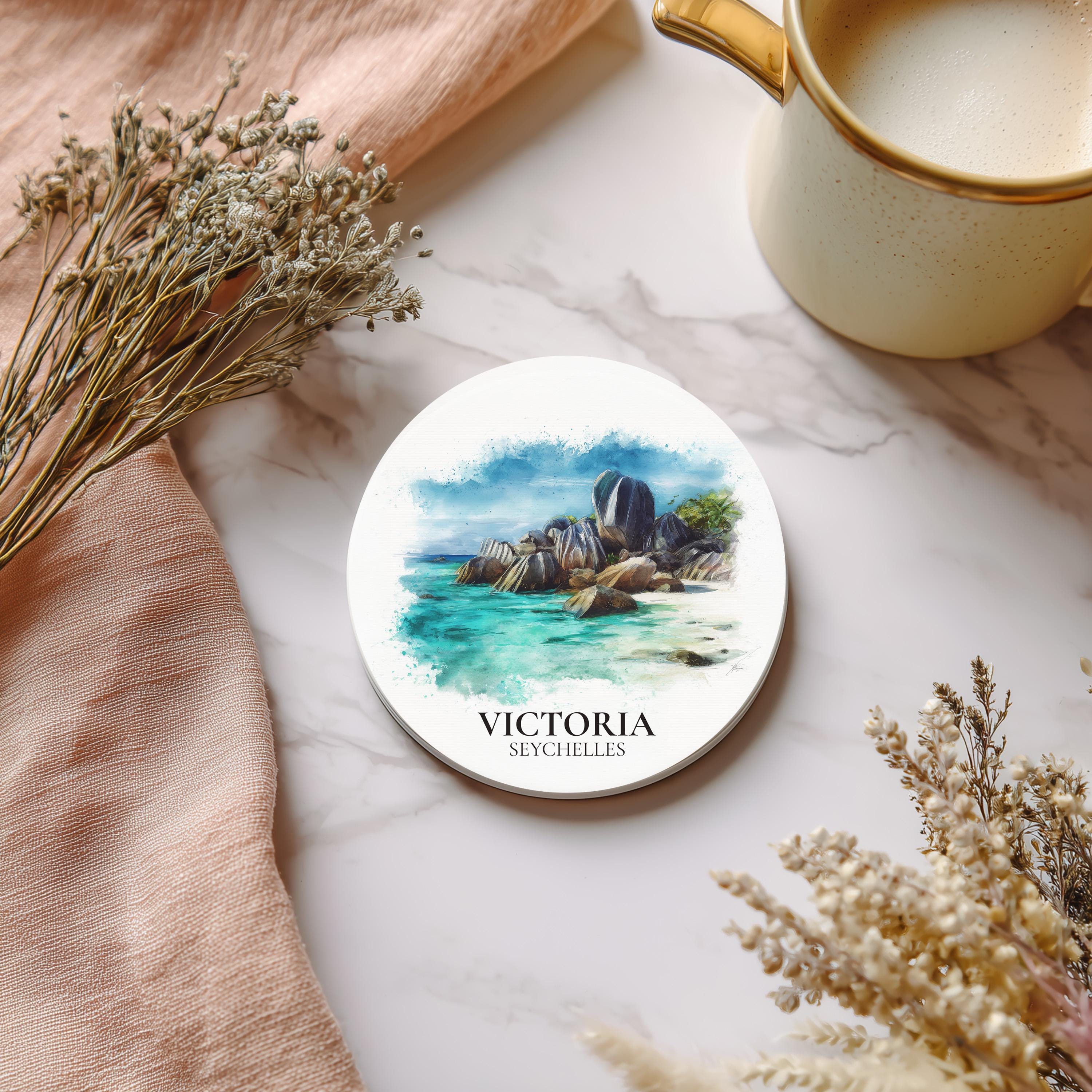 Victoria Seychelles Coaster, Watercolor Personalized Painting, Travel Gift Souvenir, Home Decor, Ceramic Set