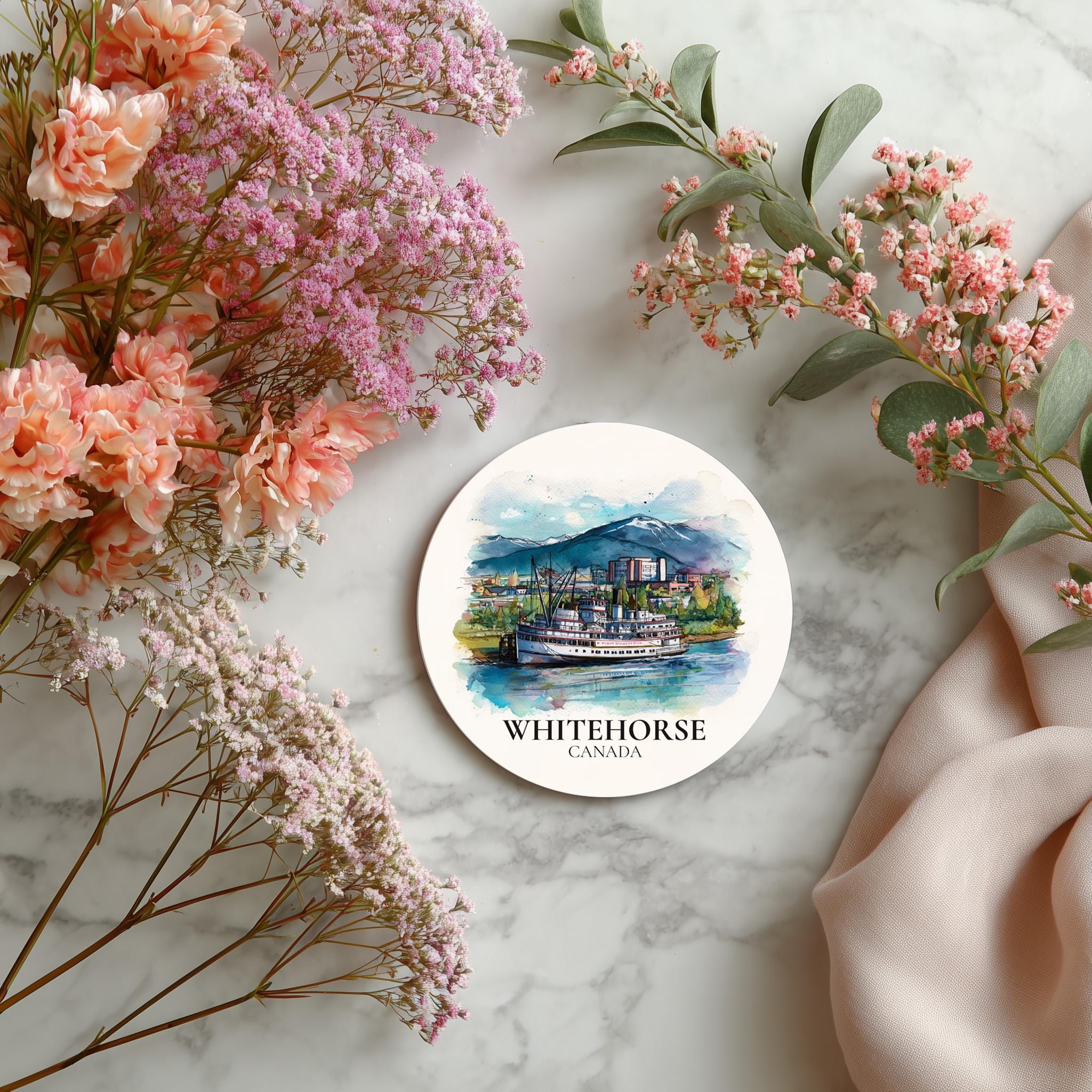 Whitehorse Canada Yukon Coaster, Watercolor Personalized Painting, Travel Gift Souvenir, Home Decor, Ceramic Set
