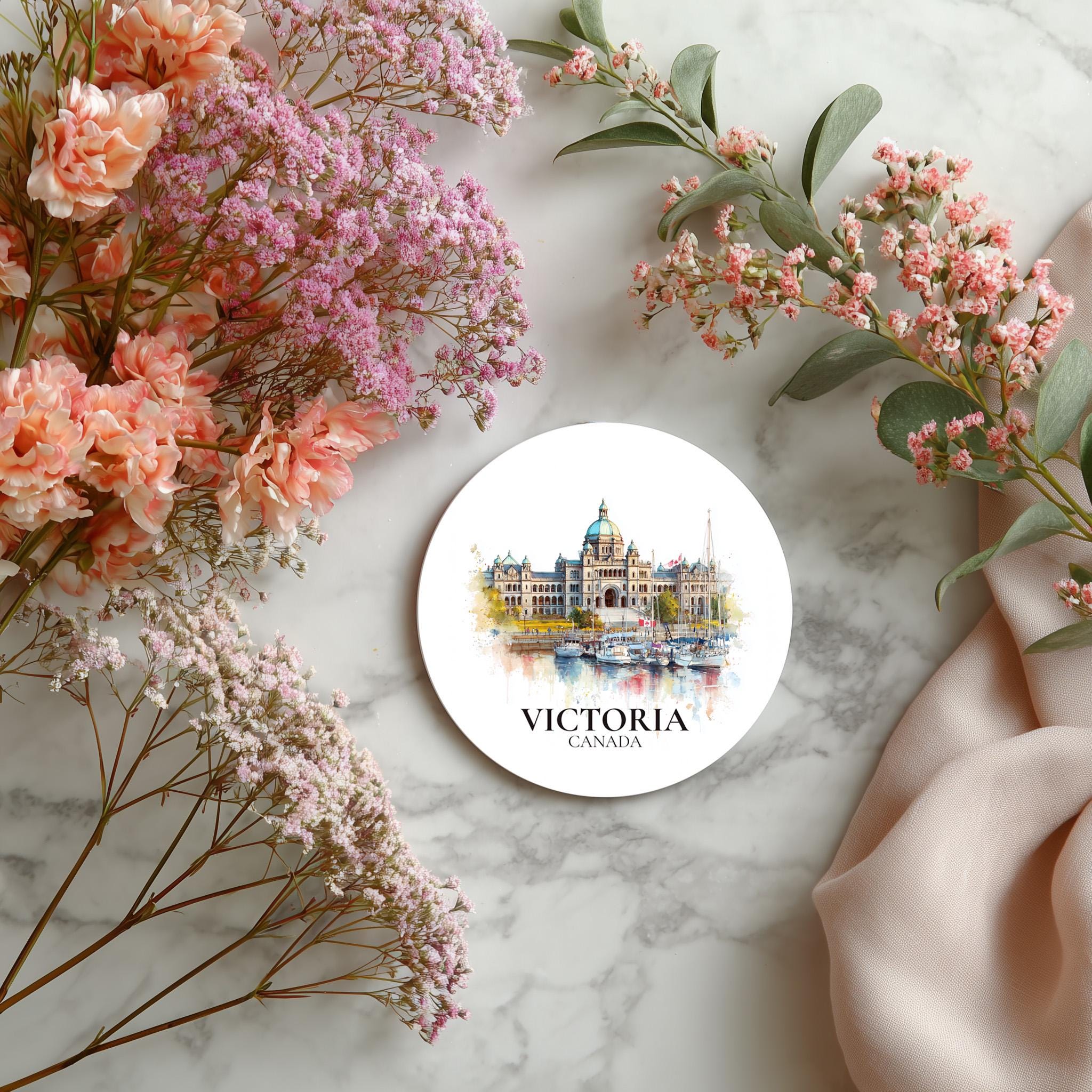 Victoria Canada Coaster, Watercolor Personalized Painting, Travel Gift Souvenir, Home Decor, Ceramic Set