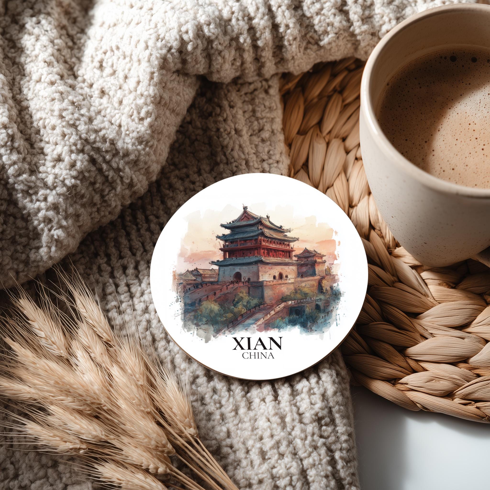 Xian China Coaster, Watercolor Personalized Painting, Travel Gift Souvenir, Home Decor, Ceramic Set