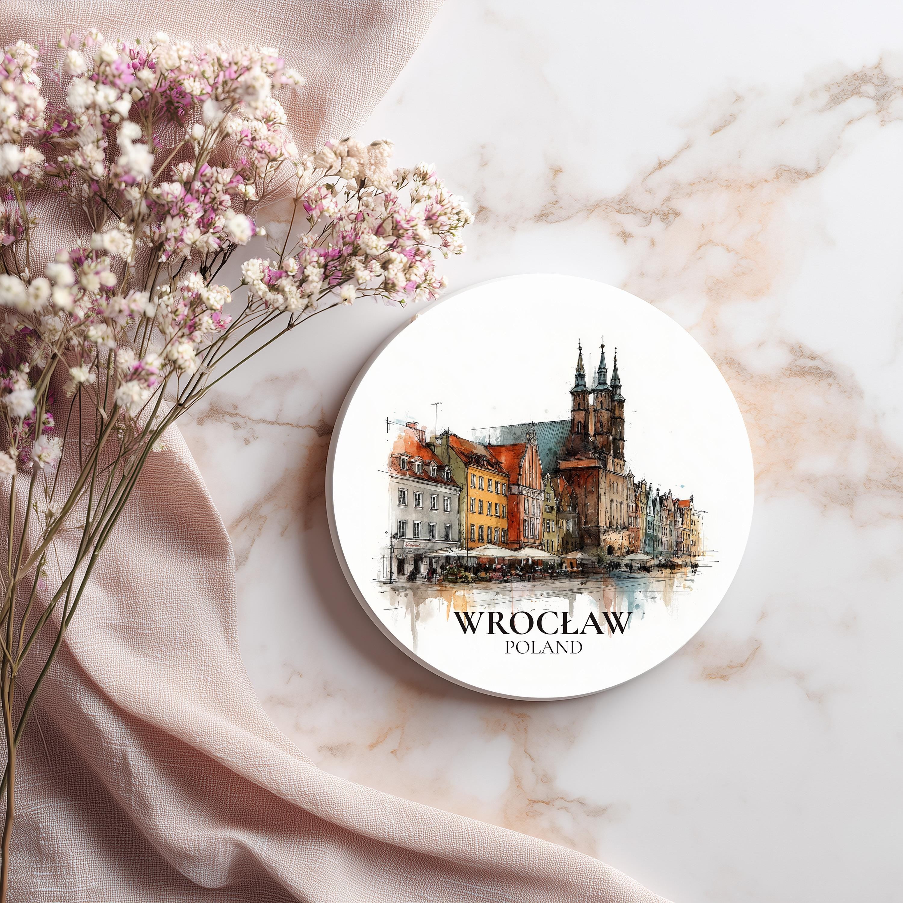 Wroclaw Poland Coaster, Watercolor Personalized Painting, Travel Gift Souvenir, Home Decor, Ceramic Set
