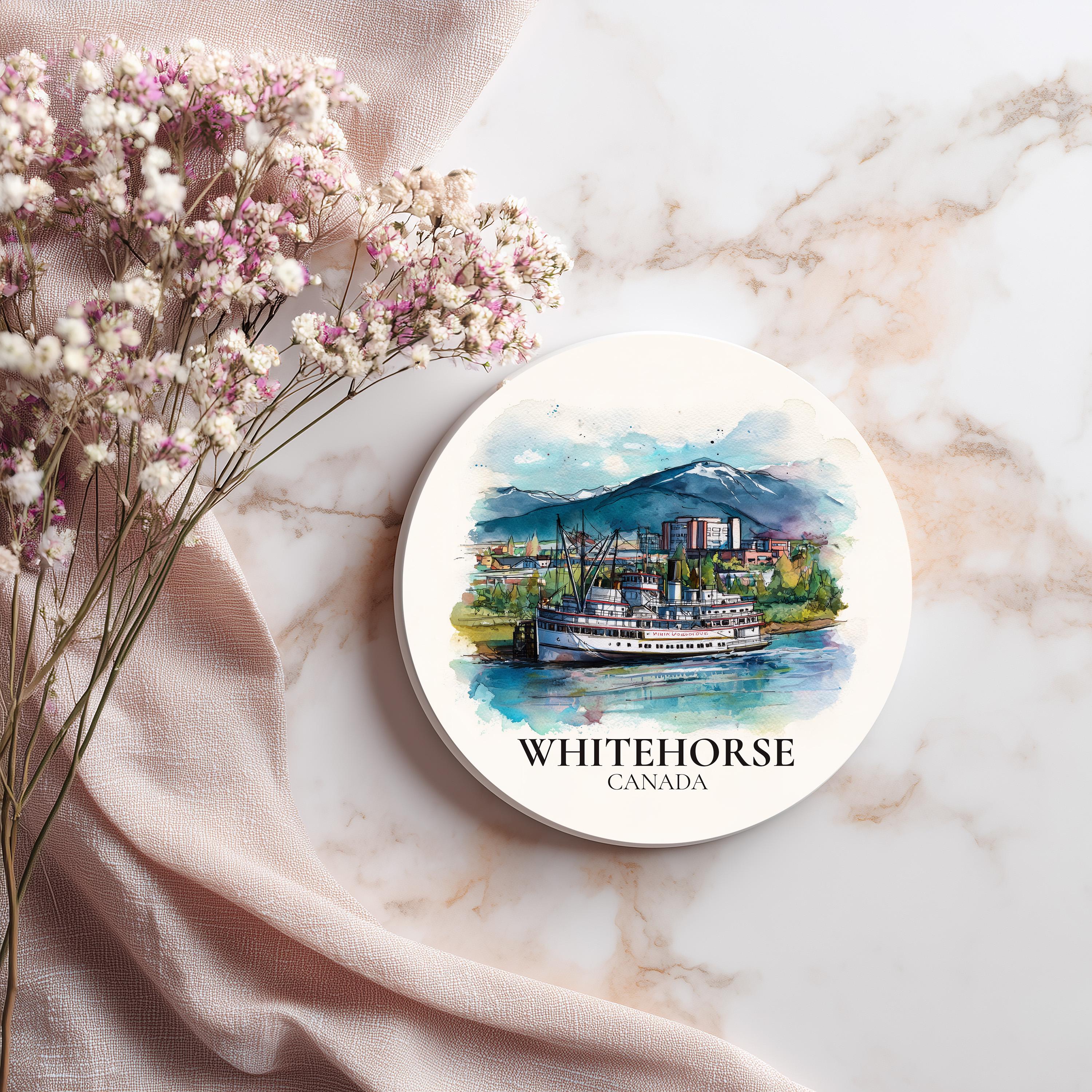 Whitehorse Canada Yukon Coaster, Watercolor Personalized Painting, Travel Gift Souvenir, Home Decor, Ceramic Set