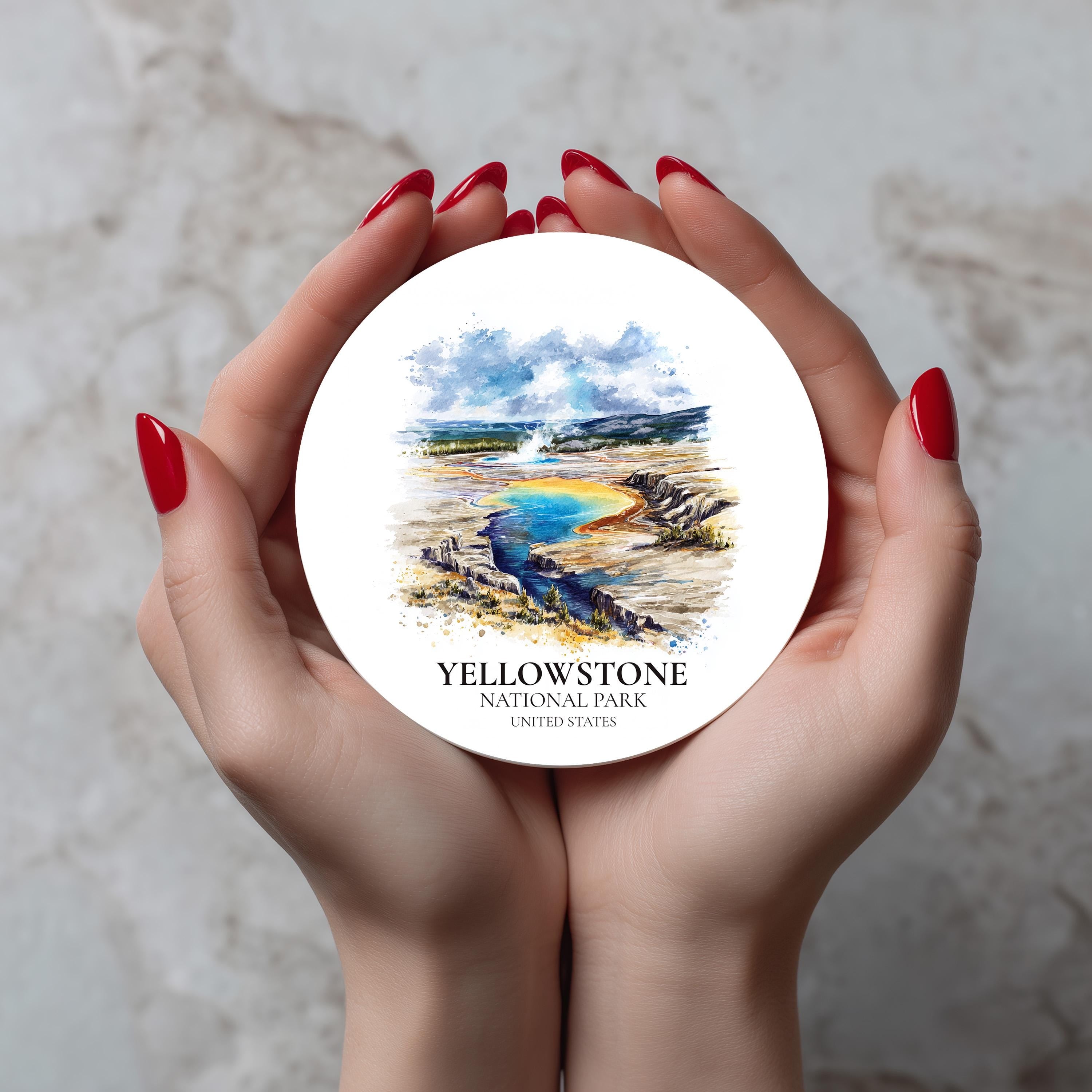 Yellowstone National Park United States Coaster, Watercolor Personalized Painting, Travel Gift Souvenir, Home Decor, Ceramic Set