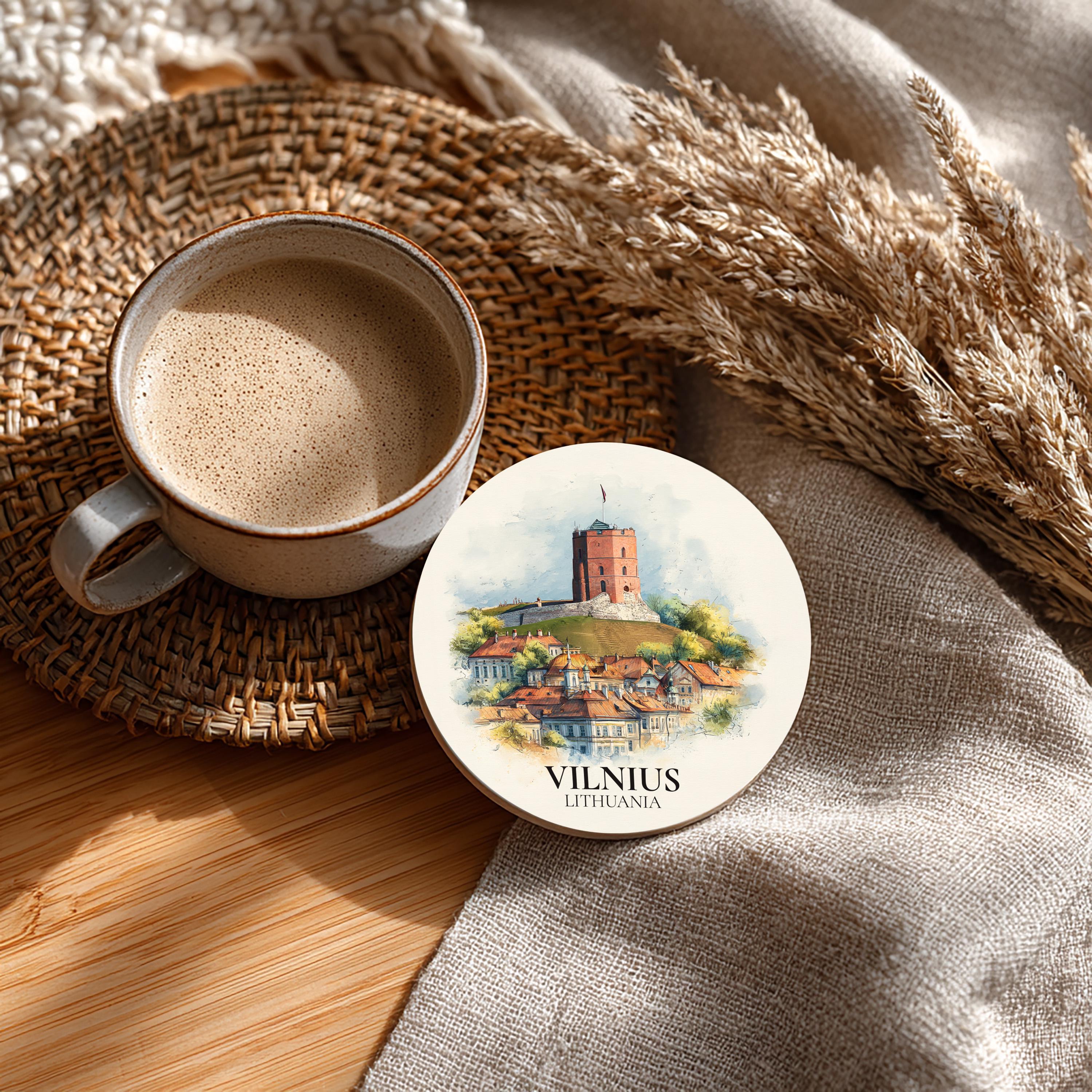 Vilnius Lithuania Coaster, Watercolor Personalized Painting, Travel Gift Souvenir, Home Decor, Ceramic Set