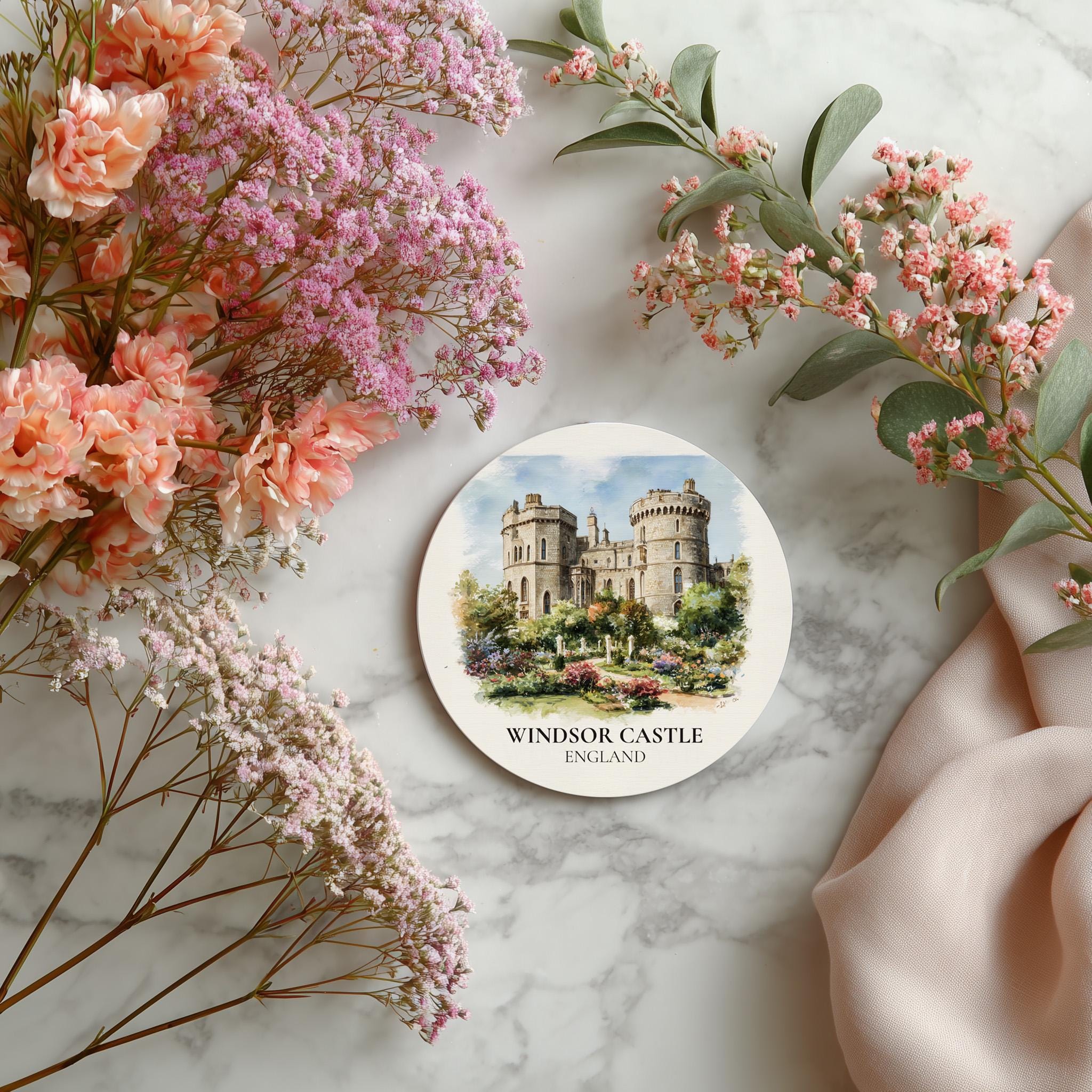 Windsor Castle England Coaster, Watercolor Personalized Painting, Travel Gift Souvenir, Home Decor, Ceramic Set