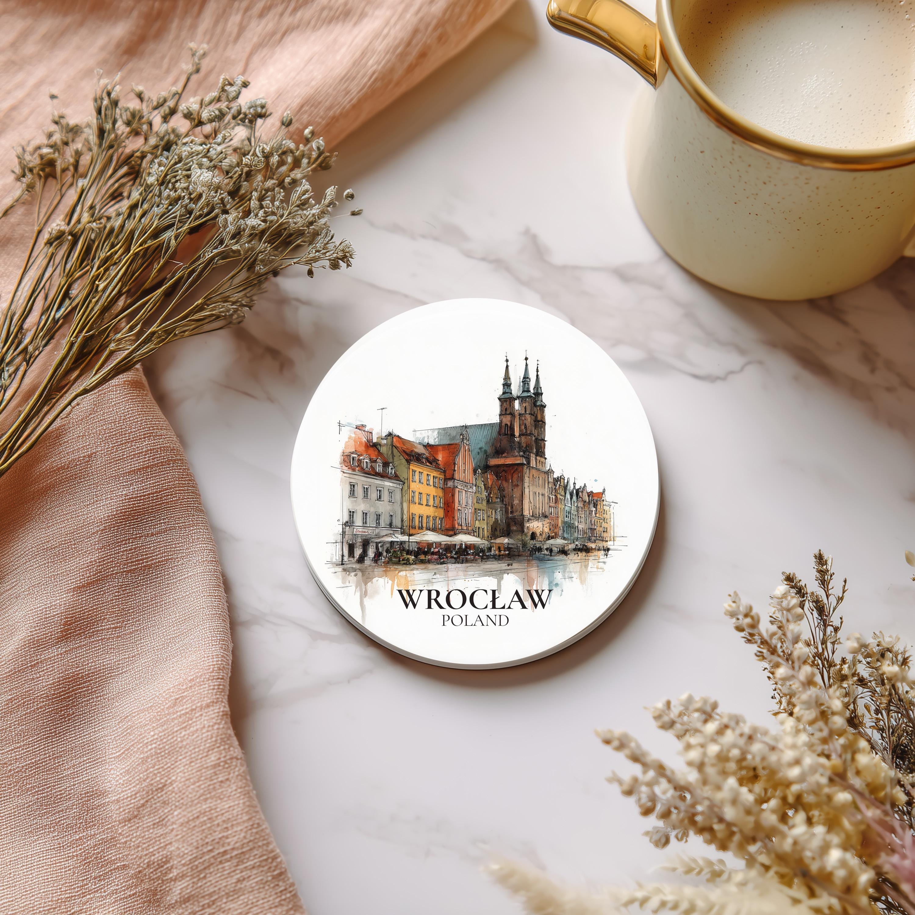 Wroclaw Poland Coaster, Watercolor Personalized Painting, Travel Gift Souvenir, Home Decor, Ceramic Set